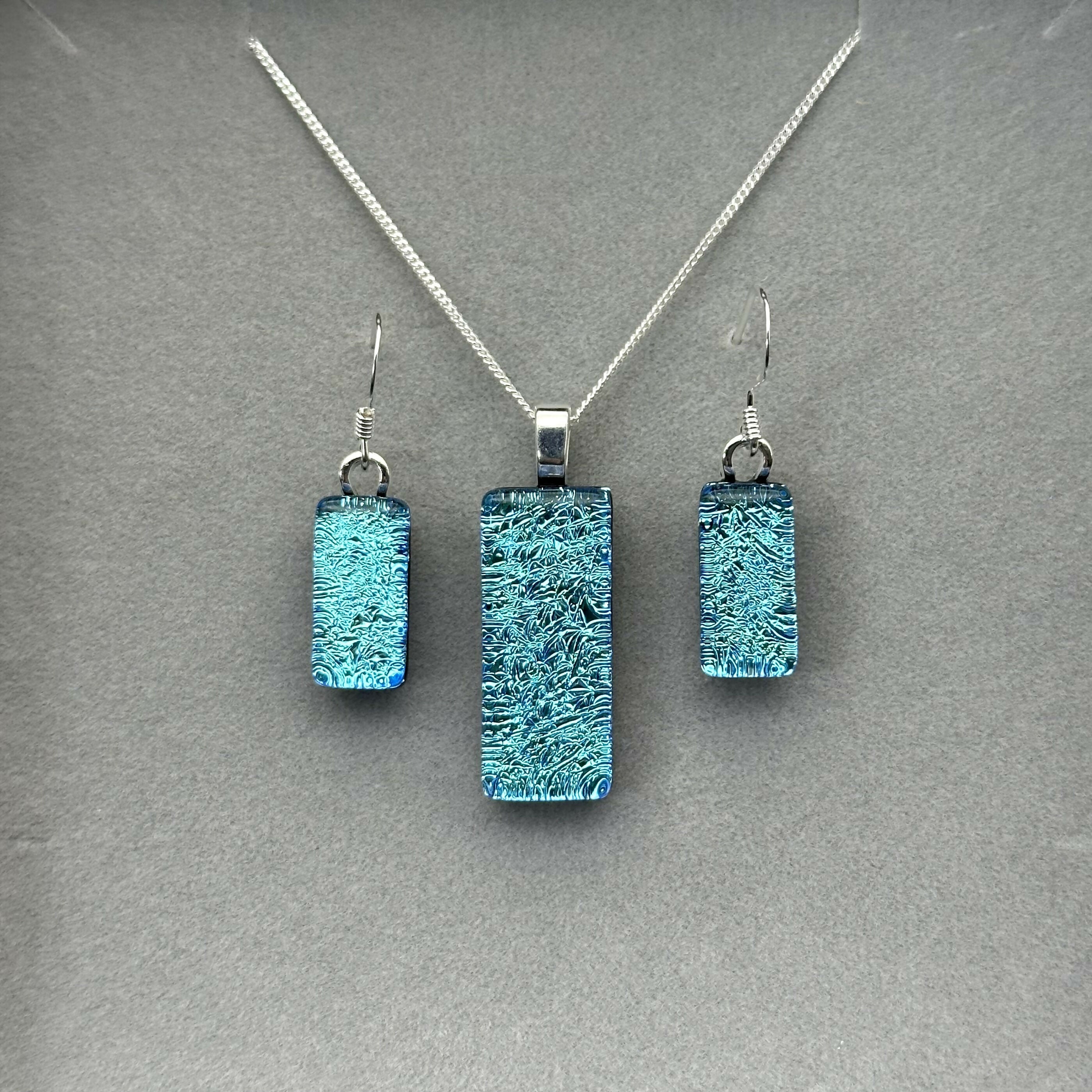 Ice Blue Dichroic Glass Necklace and Earrings Set - Sterling Silver, Handmade by Jade Tapson Glass