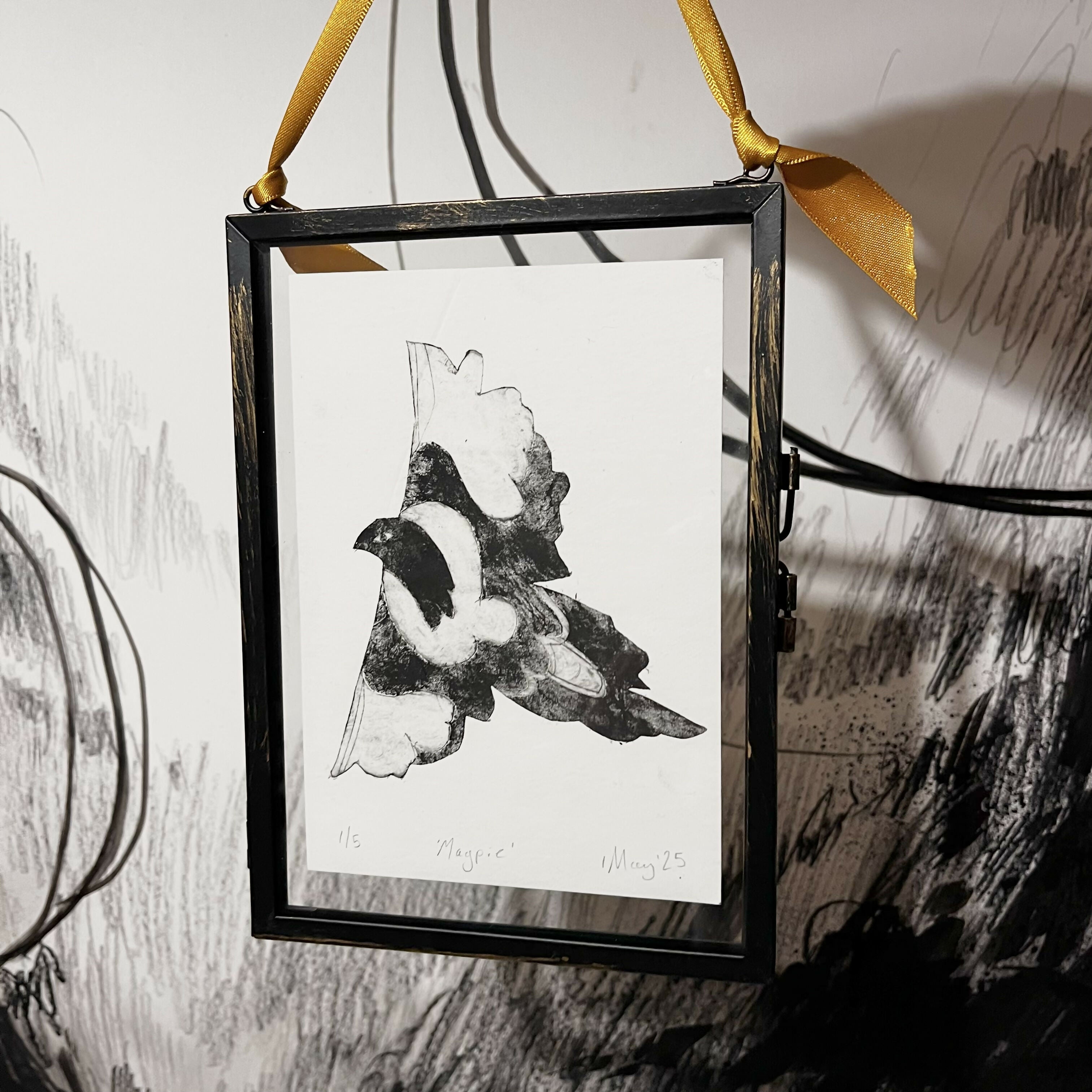 Framed Magpie Bird Original Drypoint Print