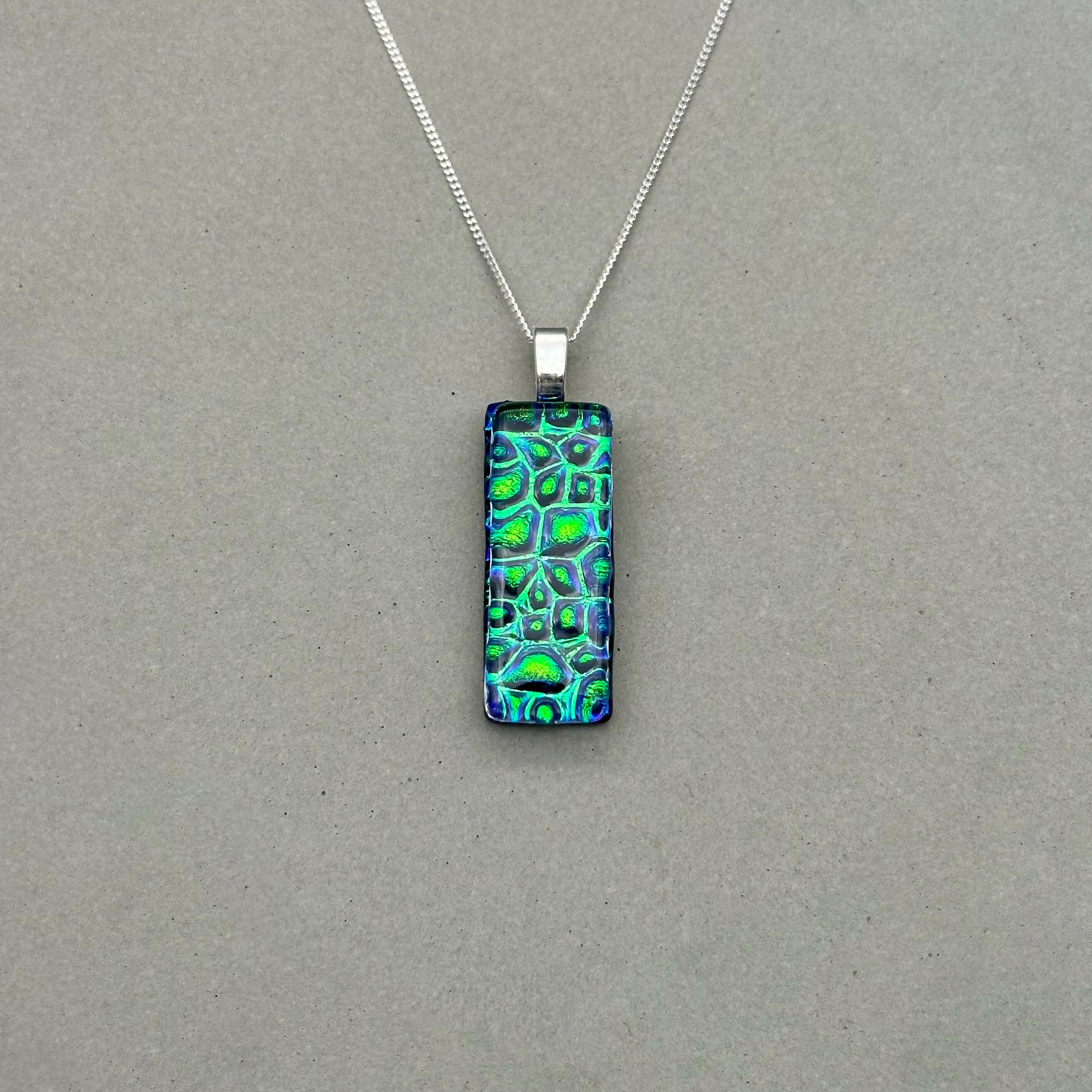 Emerald Green Raindrop Dichroic Fused Glass Pendant with Silver Plated Chain - Handmade by Jade Tapson Glass.