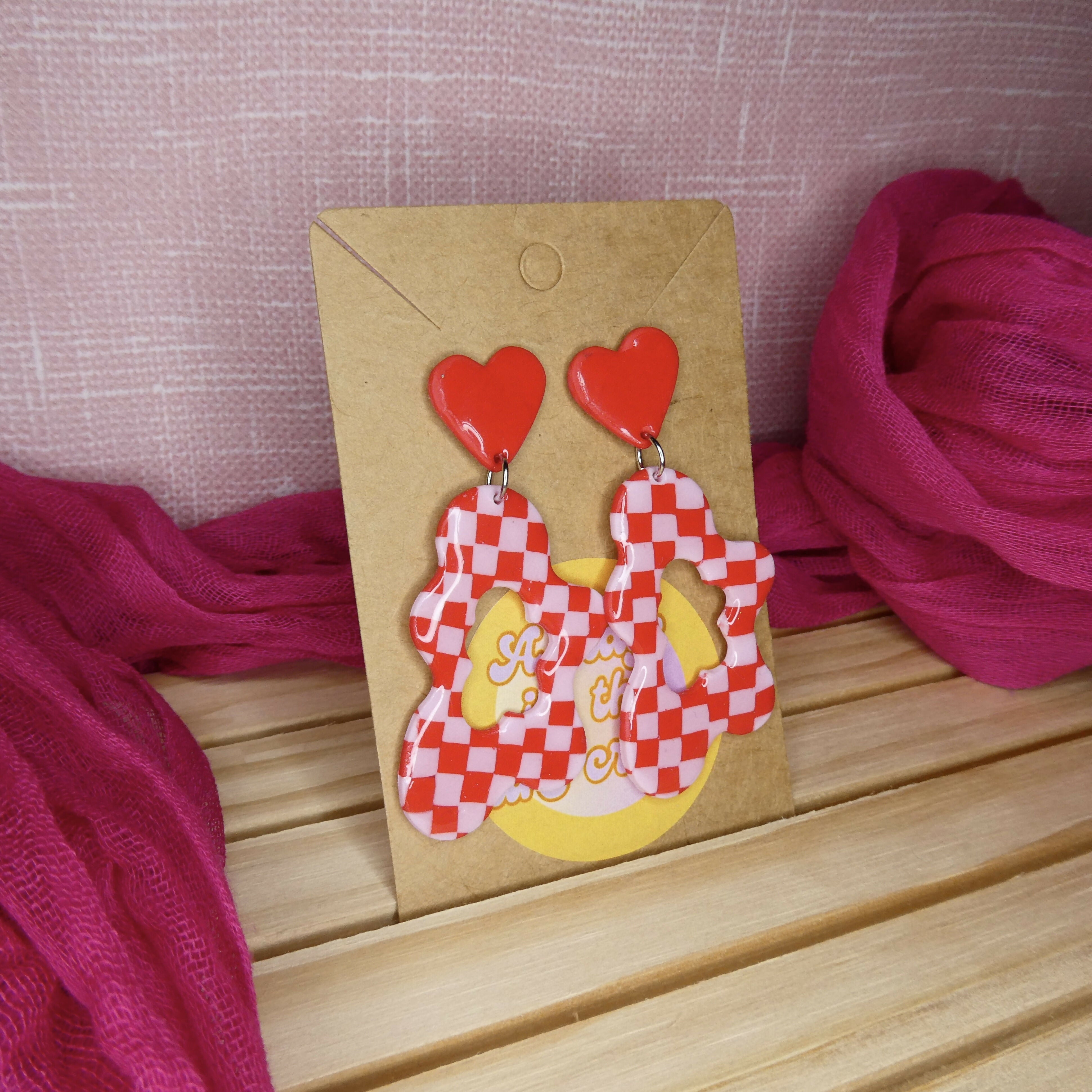 Red And Pink Check Squiggly Heart Polymer Clay Earrings