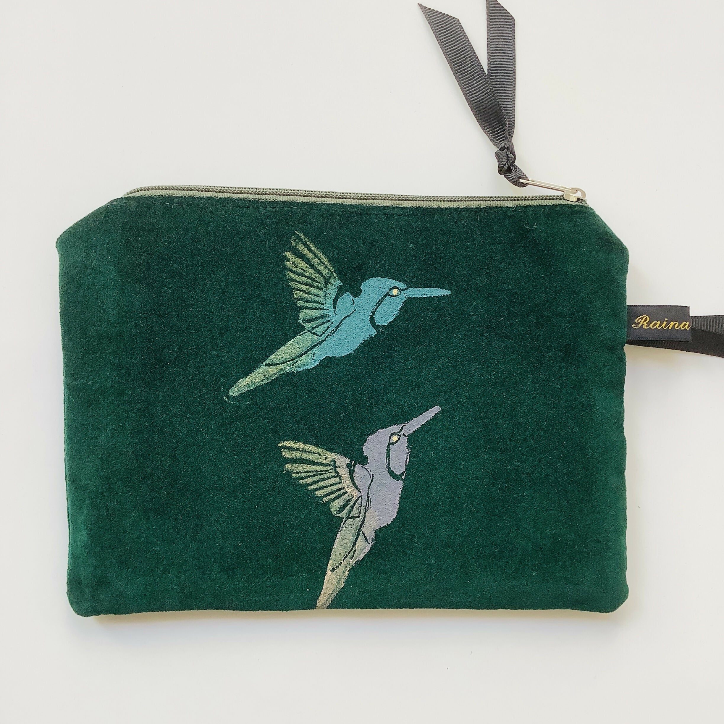 Green Hummingbirds Velvet Zip-Up Pouch with Wrist Strap