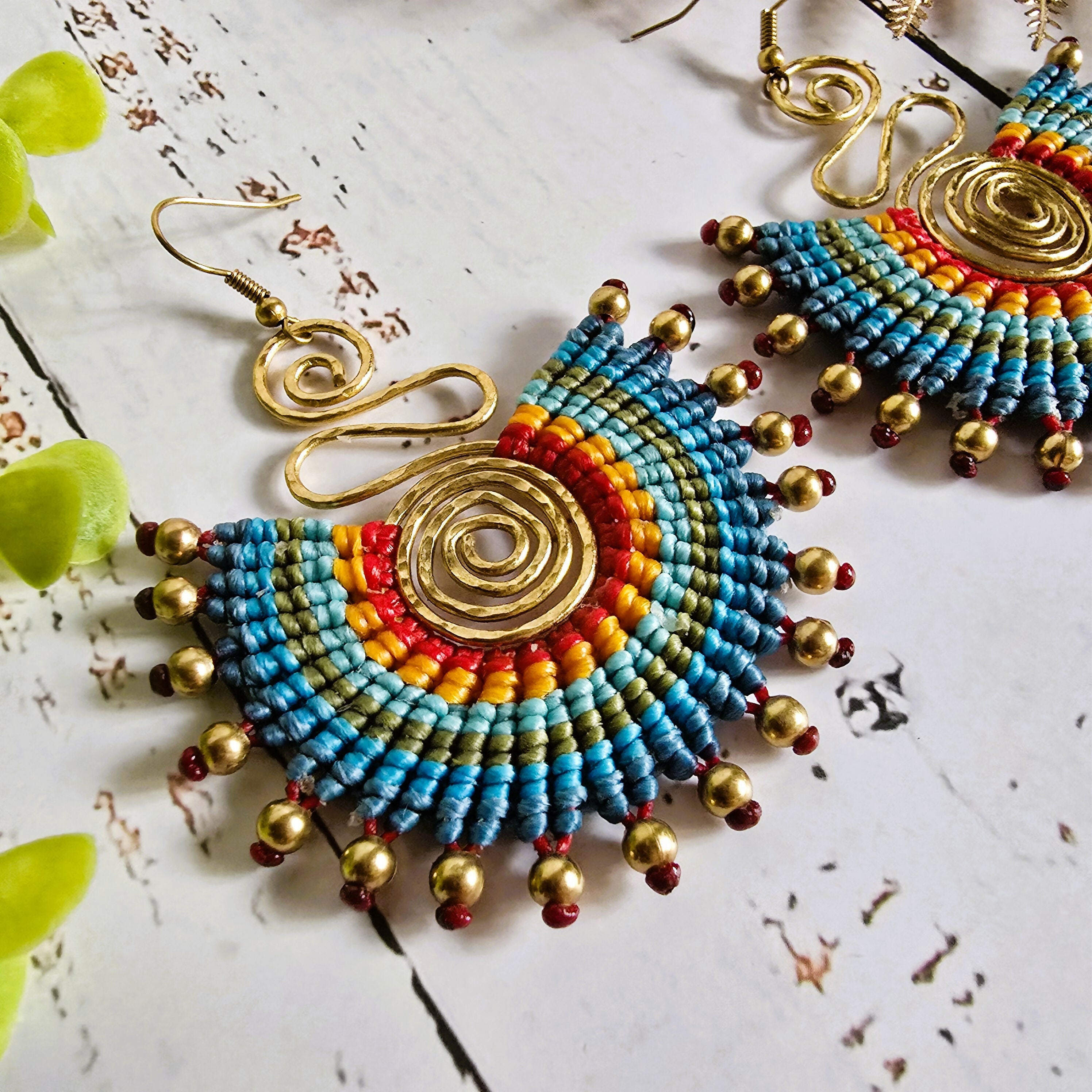 Tropical Blue Macrame Earrings; Boho Colourful Dopamine Colourful Statement Earrings