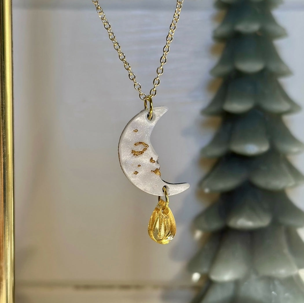 Celestial, Pearlised Crescent Moon Face Necklace