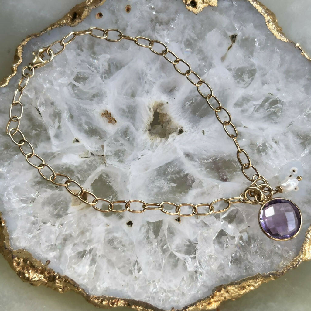 Handmade Gold Vermeil Amethyst And Fresh Water Pearl Cable Chain Bracelet