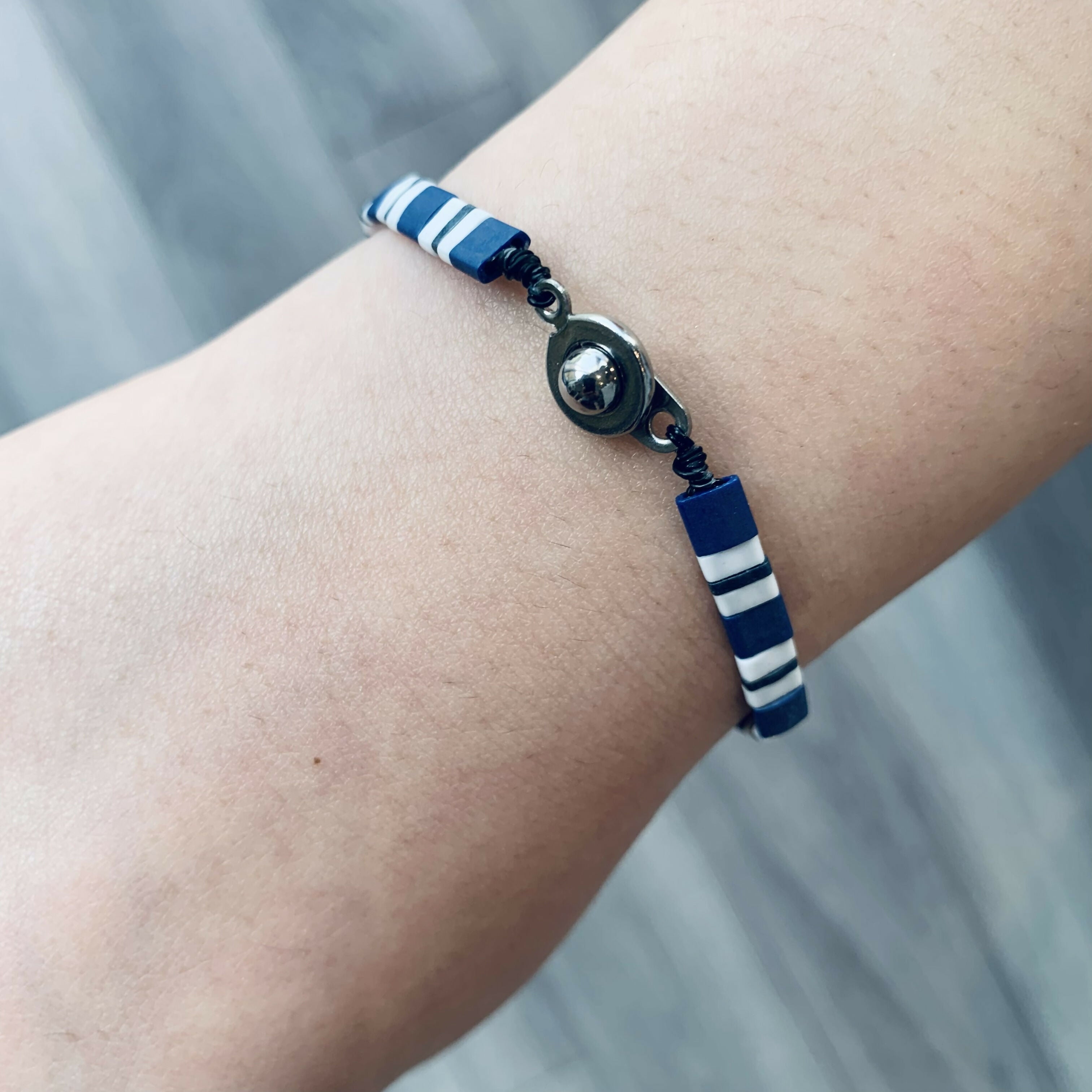 Japanese Tila Glass Bead Bracelet - Blue 185 mm to 195 mm