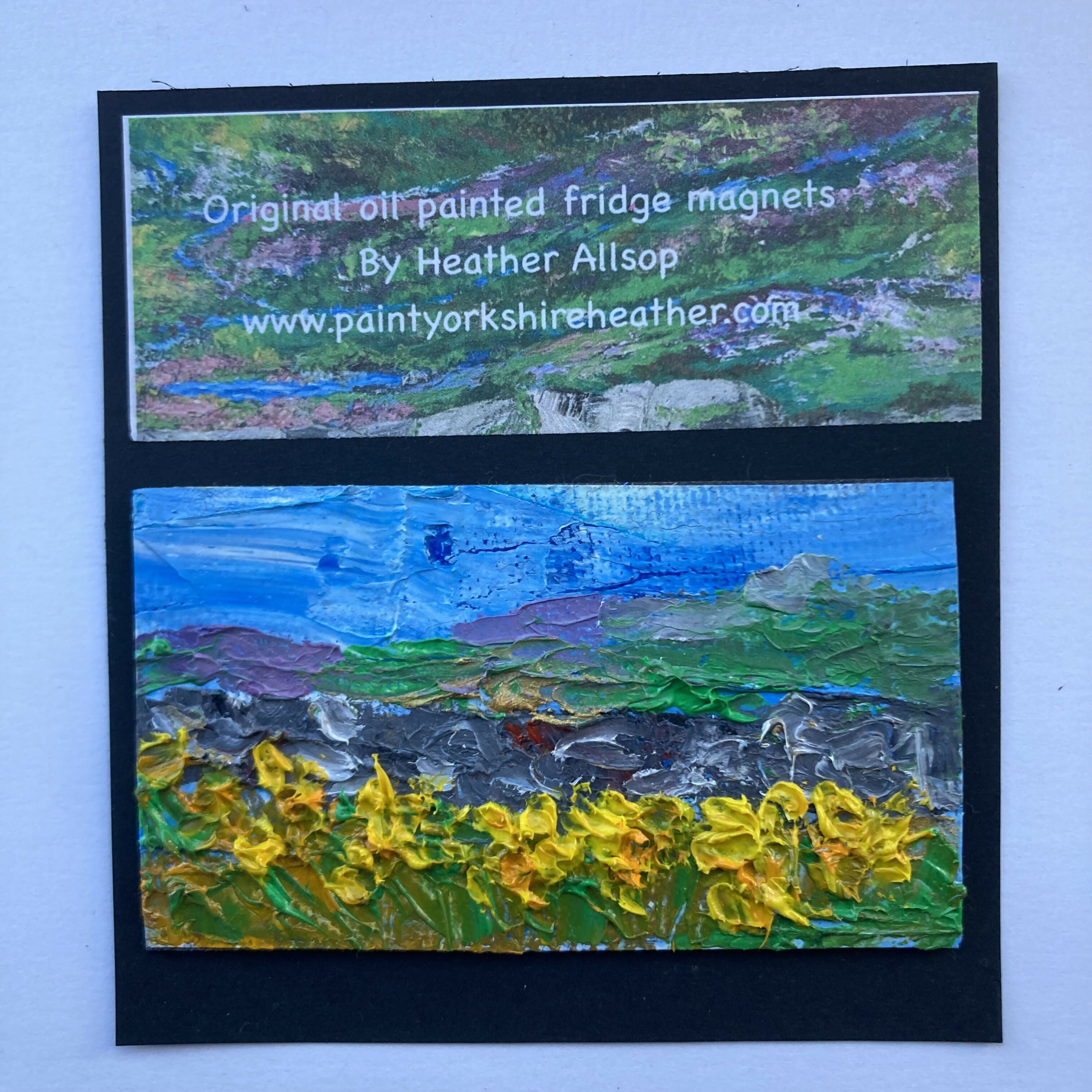 Daffodils by stone wall Mini Oil Painting Canvas Fridge Magnet
