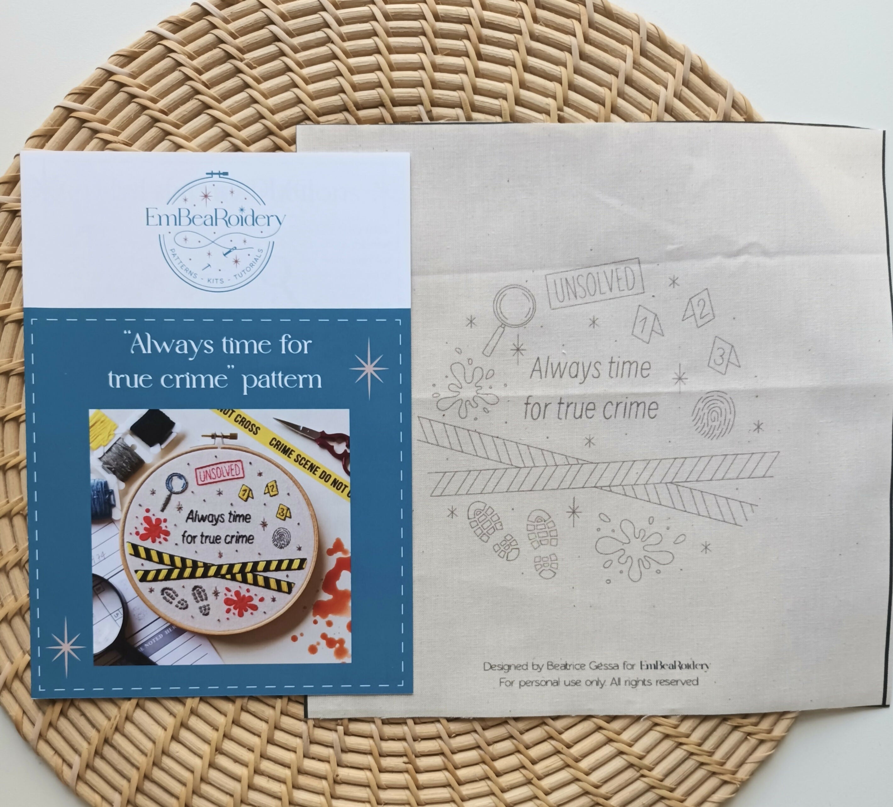 Preprinted Embroidery Pattern For Beginners - Always Time For True Crime