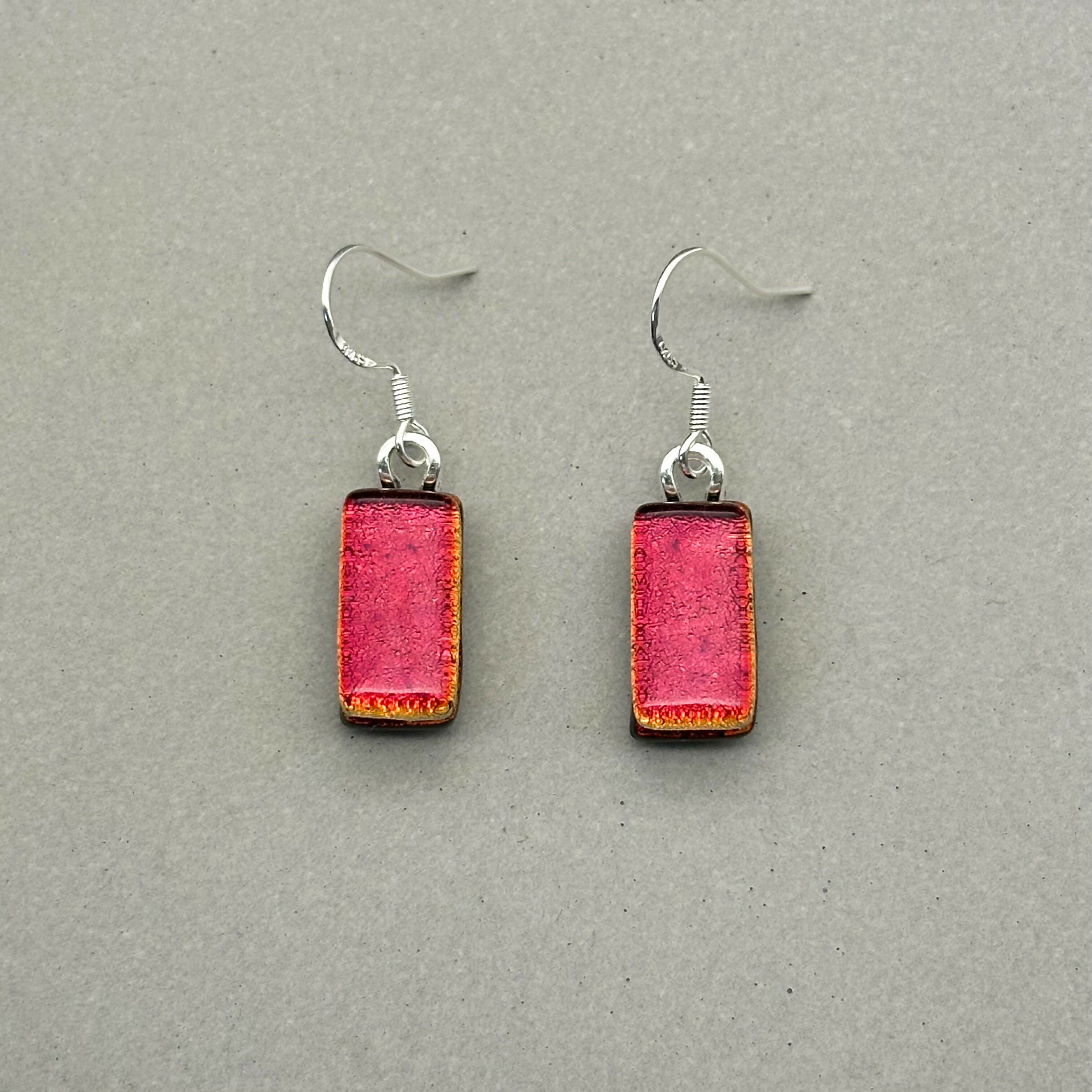 Red Dichroic Fused Glass Dangle Sterling Silver Earrings - Handmade by Jade Tapson Glass.
