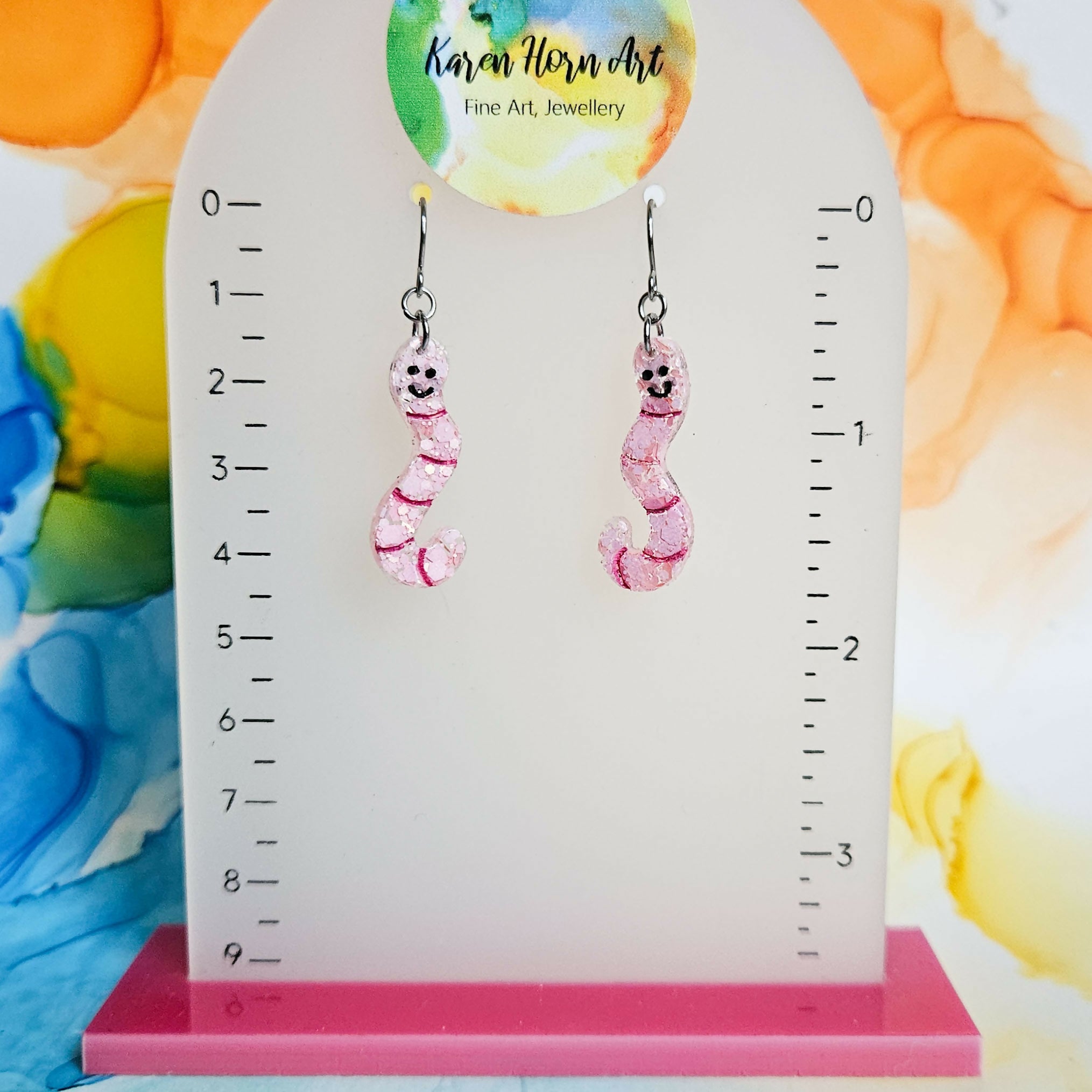 Handmade Pink Glitter Worms Resin Earrings