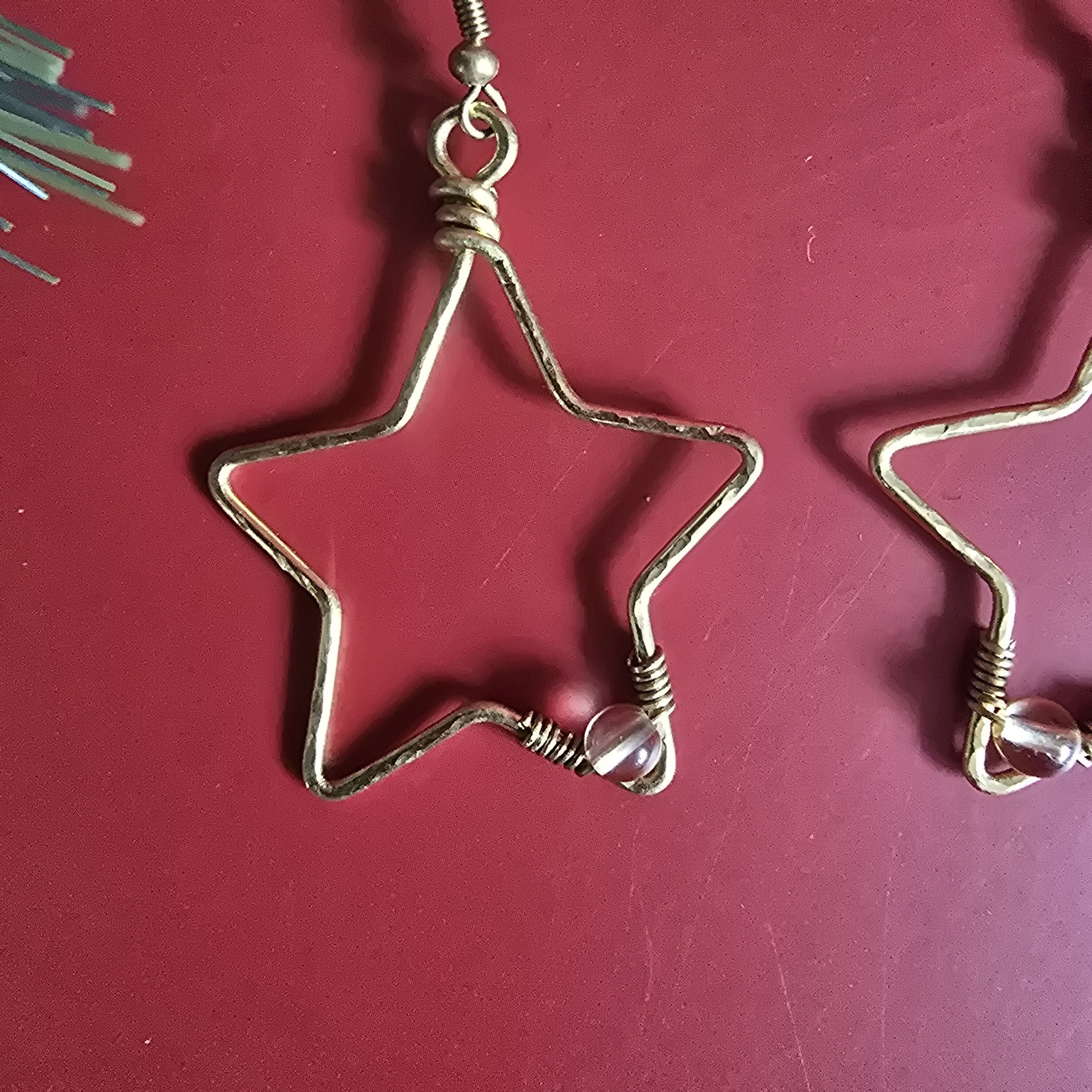 Christmas Gold Star Earrings; Citrine Crystal Celestial Festive Brass Wire Handmade Artisanal Earrings