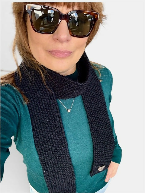 PURE MERINO WOOL, ALL BLACK, LONG LENGTH, SKINNY SCARF