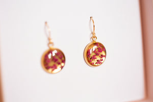 Pink Queen Anne’s Lace Small Mirrored Circle Bezel Earrings Gold Plated