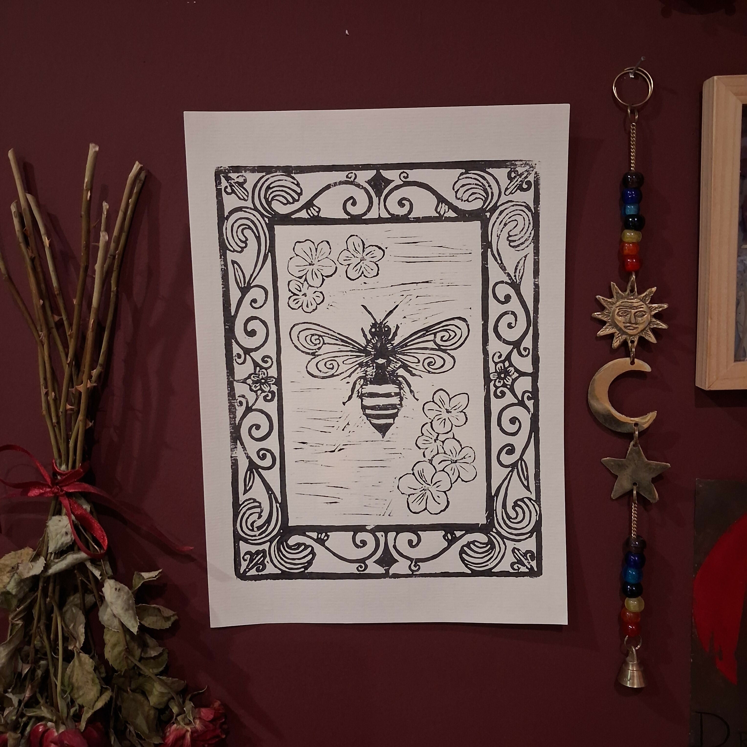 Bee and Flowers in Frame Linoprint