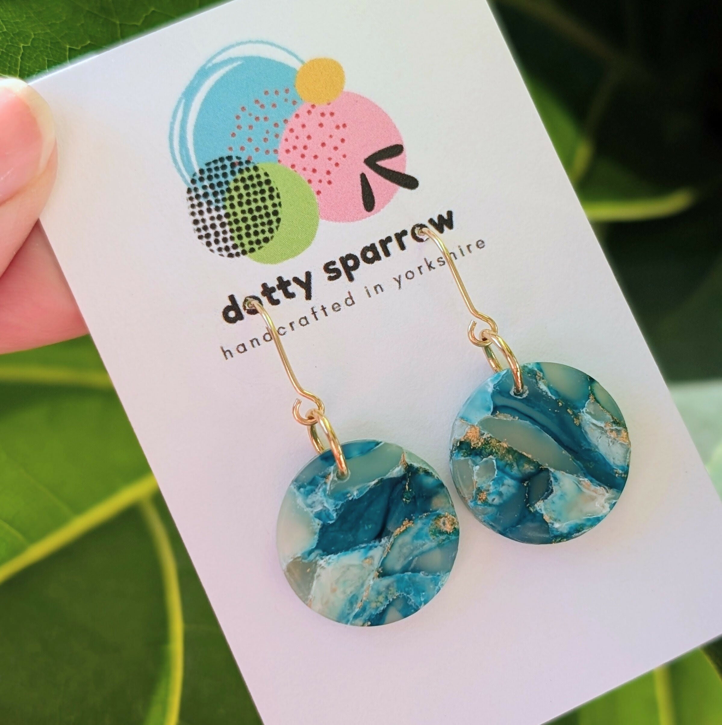 Green & Gold Faux Stone Circle Dangle Handmade Polymer Clay Earrings