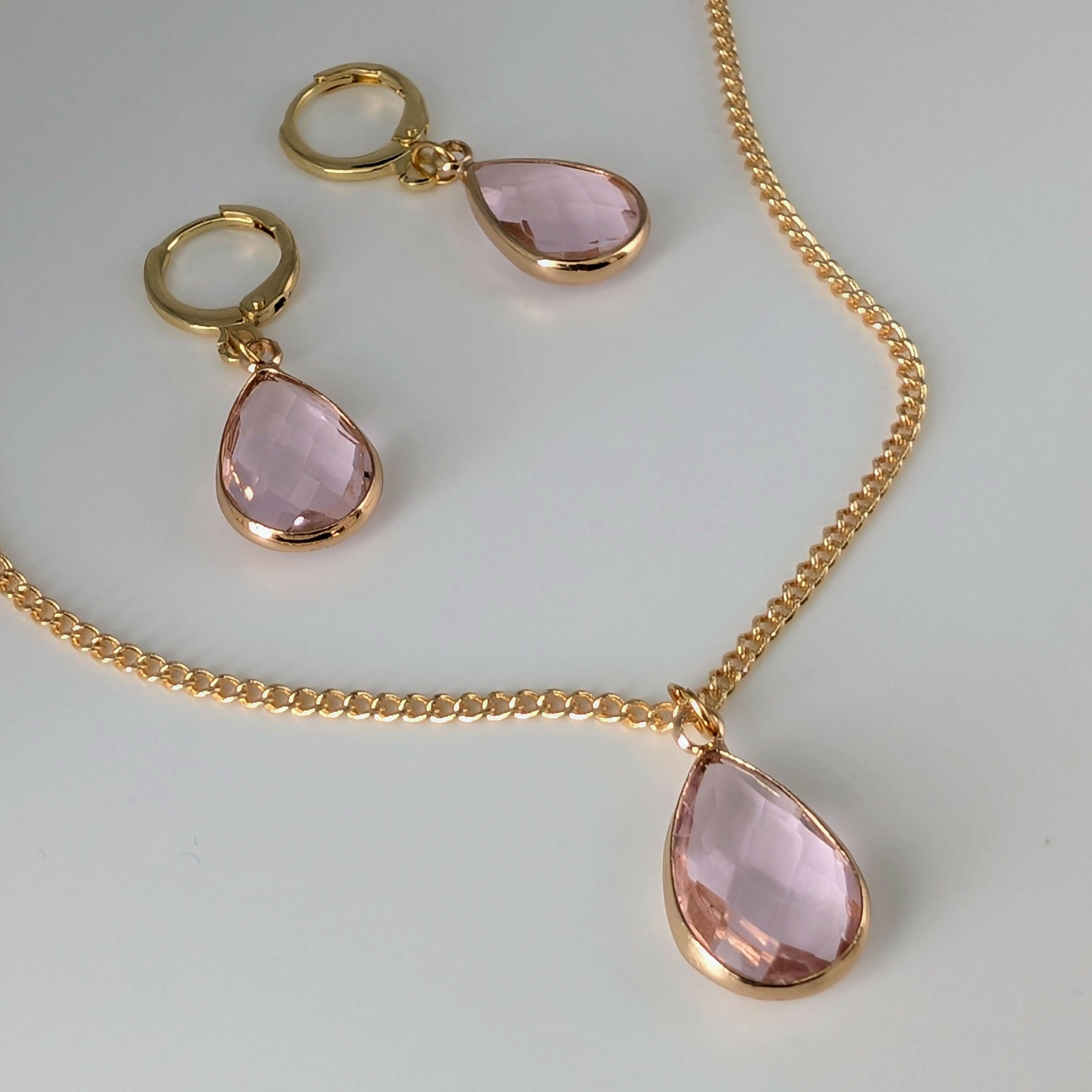 Powder Pink Faceted Crystal Teardop Gold Plated Huggie Earrings