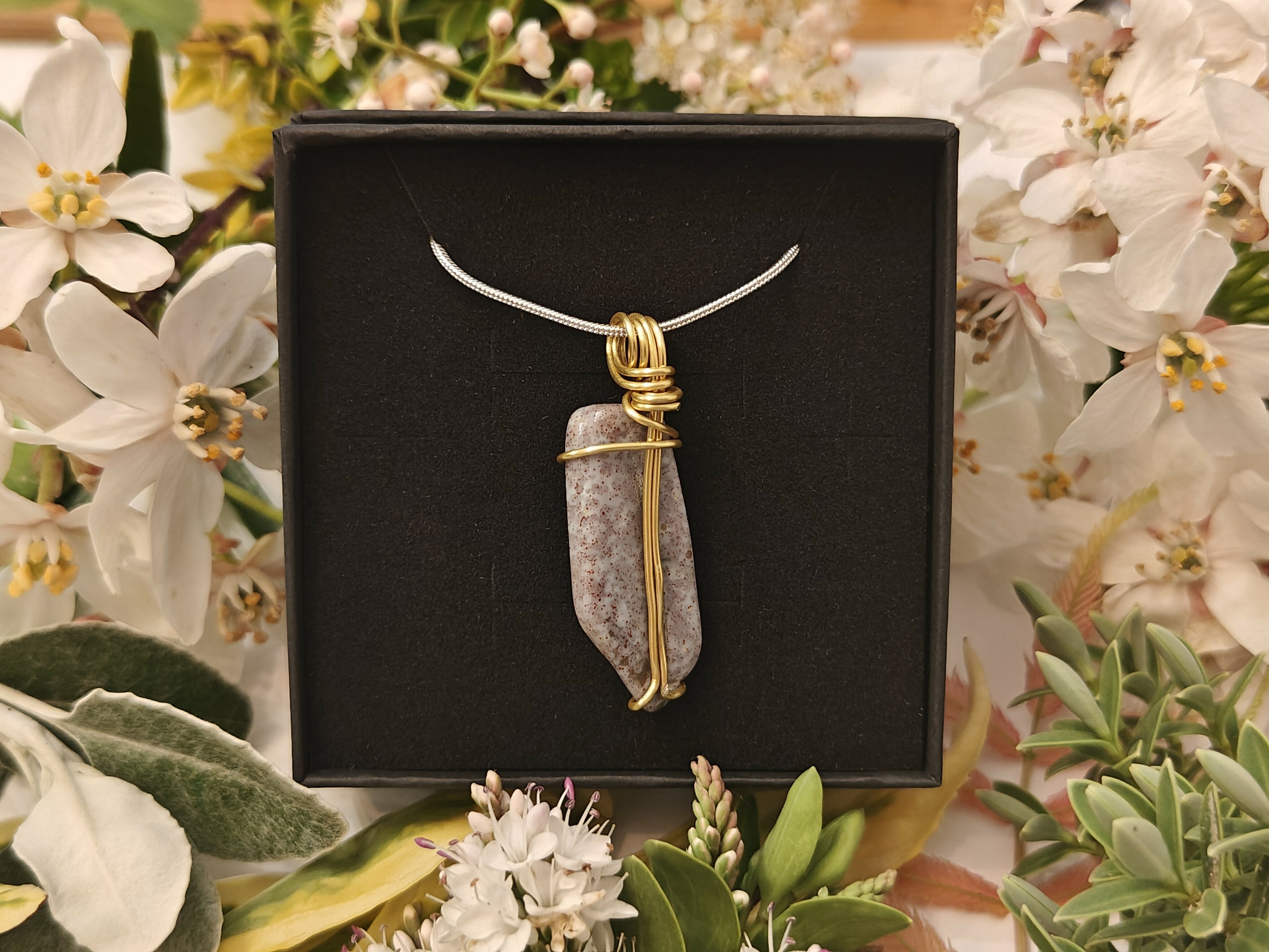 Jasper Wire Wrapped Crystal Necklace on Sterling Silver Chain