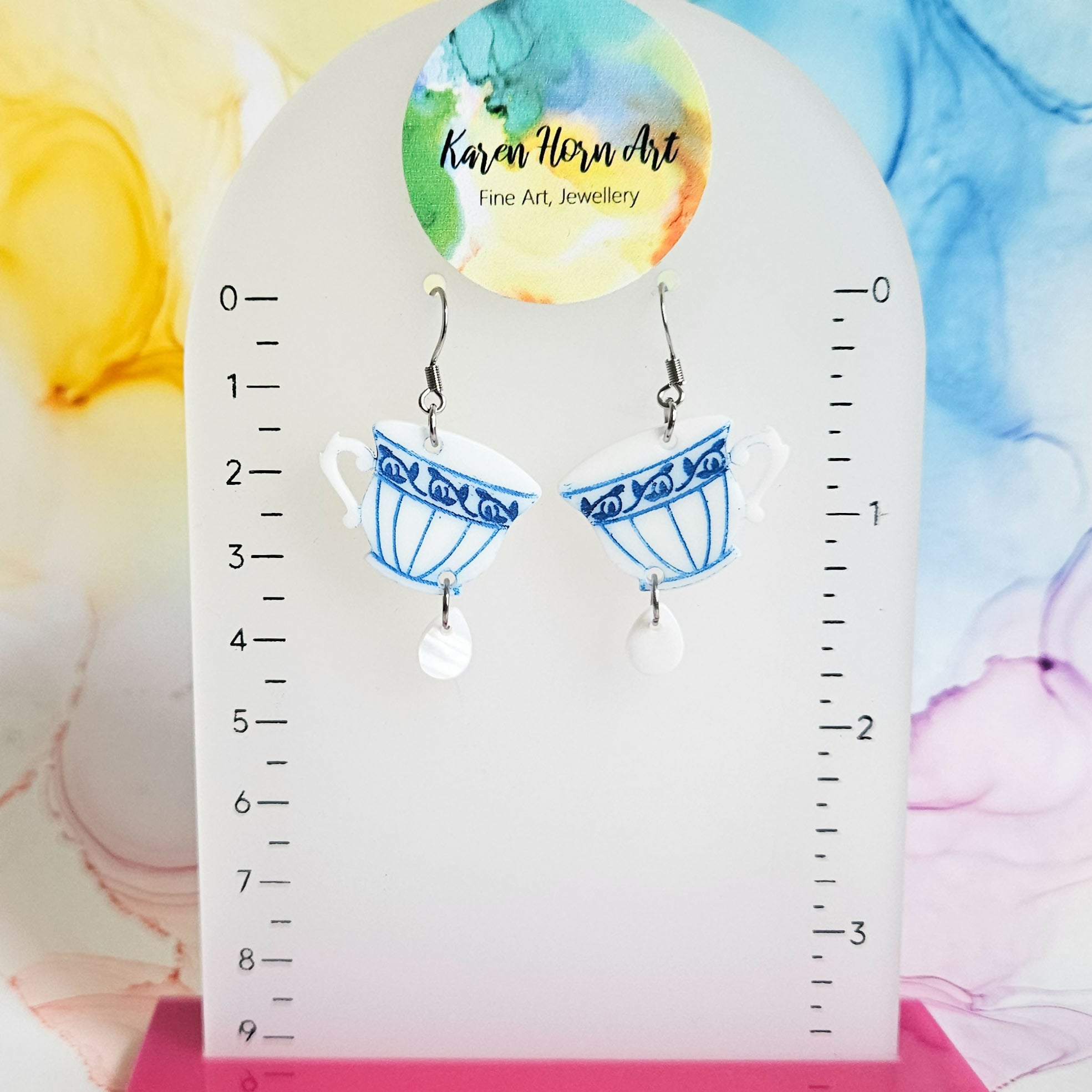 Handmade White Blue Teacup Resin Earrings