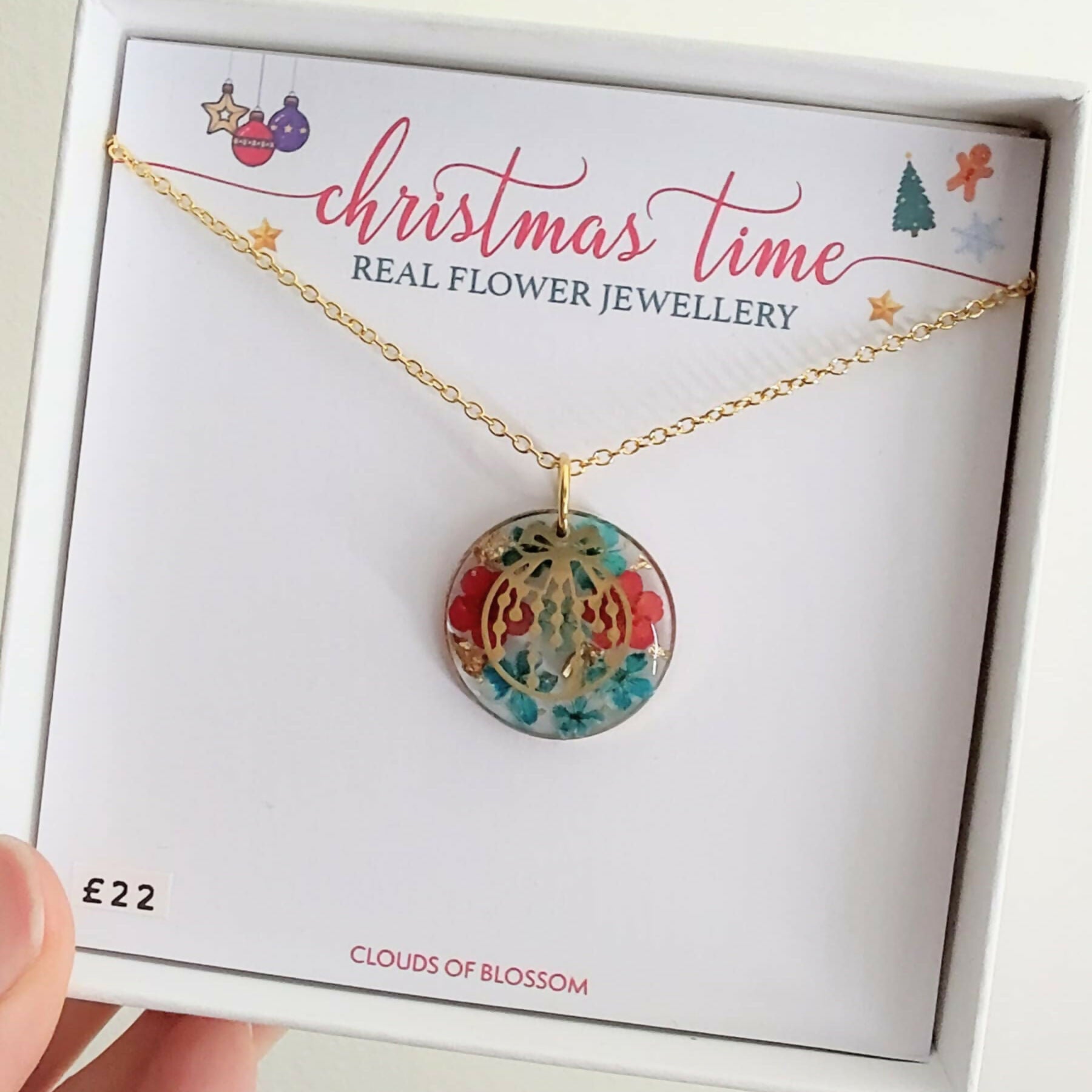 Christmas Pudding Red and Green Real Flower Necklace Gold Plated