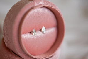 Tiny Leaf Stud Earrings Sterling Silver with Velvet Box