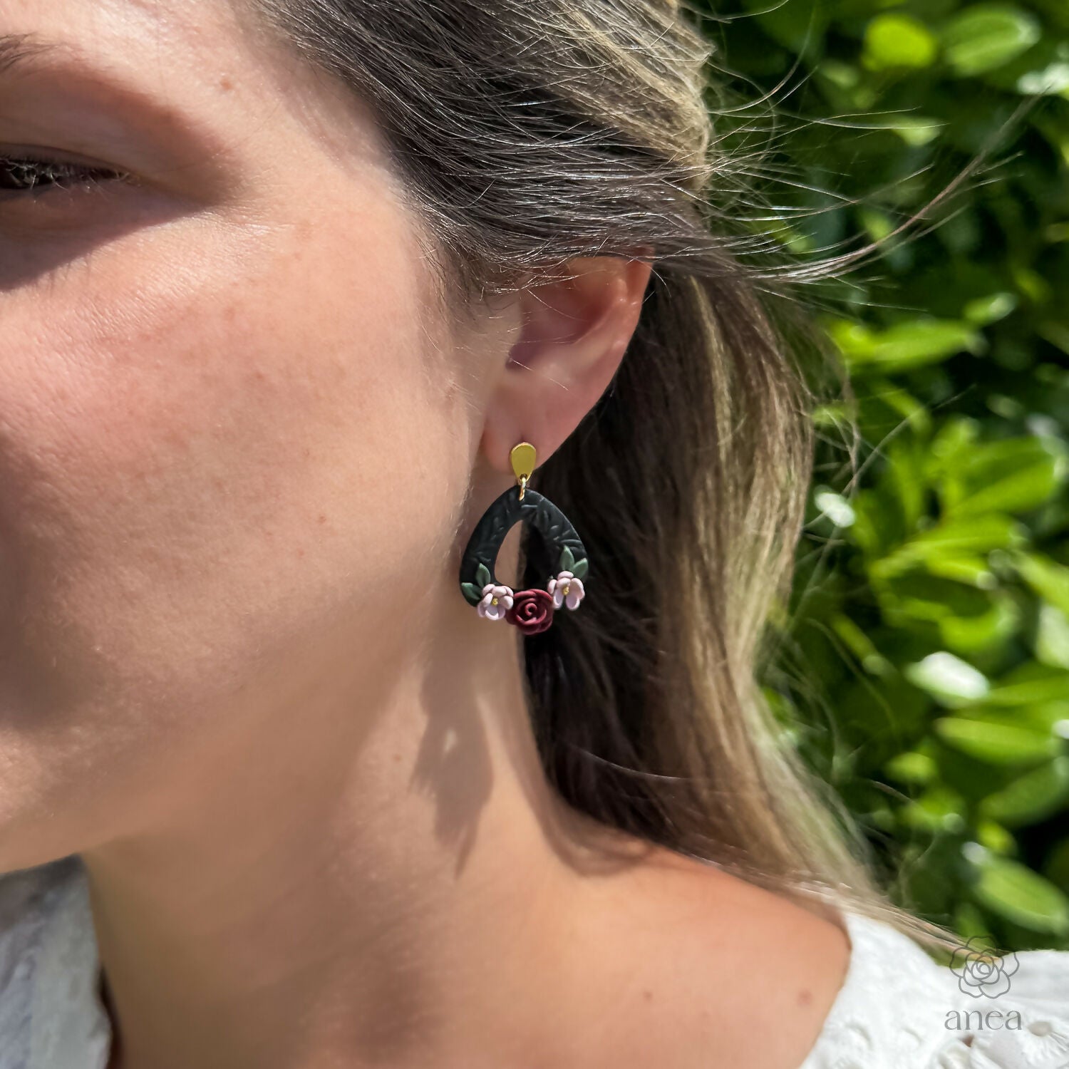 Dark Floral Drop Earrings with Bordeaux Rose and Pink Flower Detail