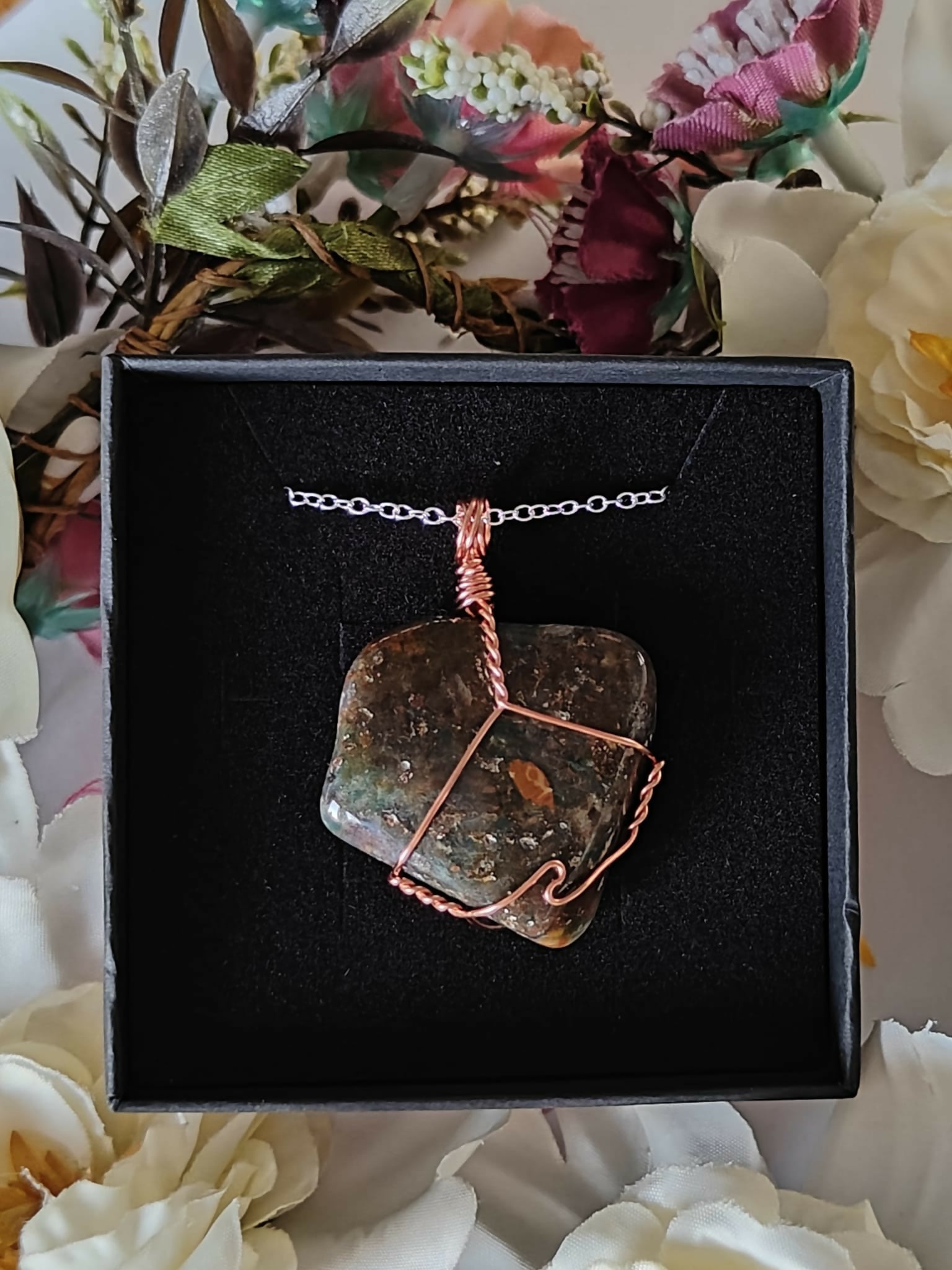 Jasper Wire Wrapped Crystal Necklace on Sterling Silver Chain