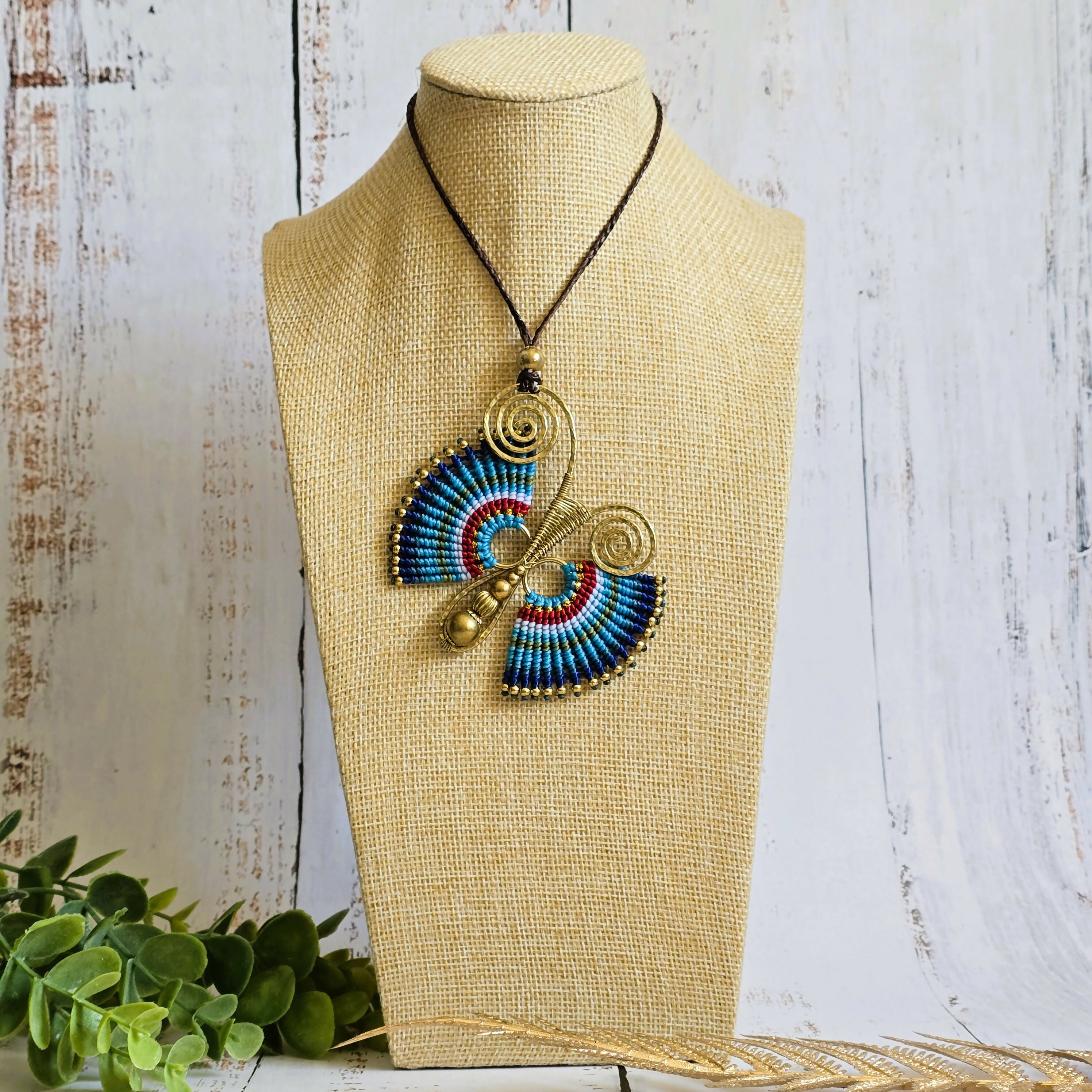 Blue Butterfly Necklace; Handcrafted Macramé & Gold Wire Art Statement Pendant