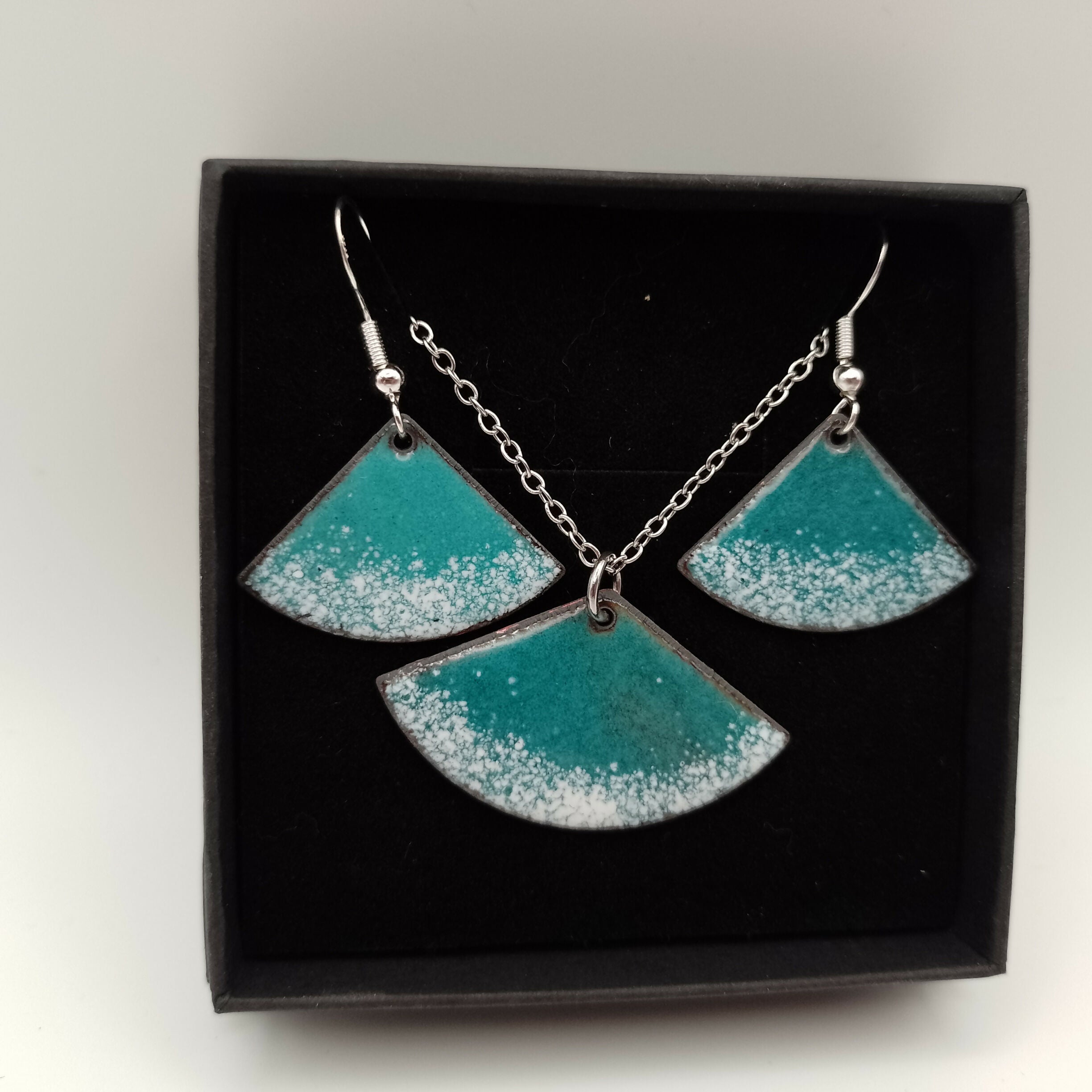 Teal Green and White Fan Enamel Earring and Pendant Set