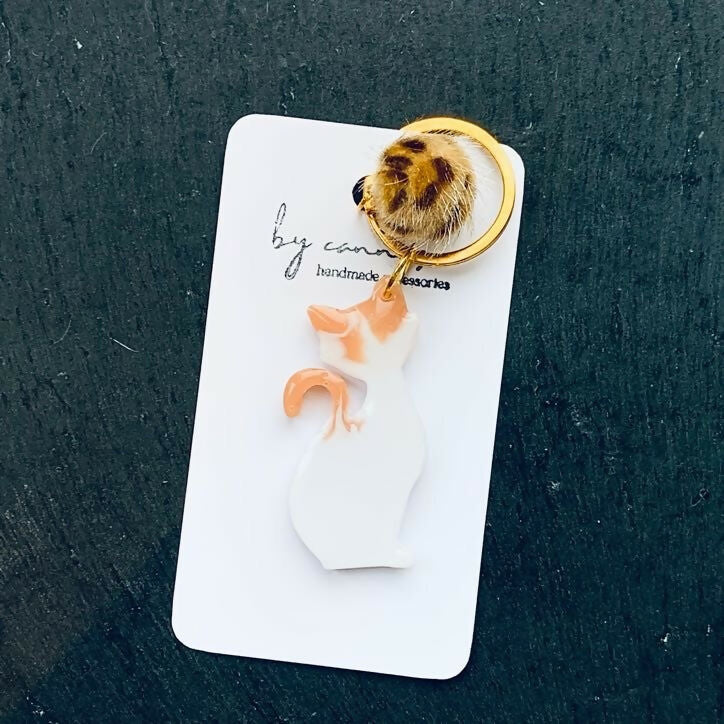 Handcrafted Resin Cat Keyring, Bag Charm with Pom Pom