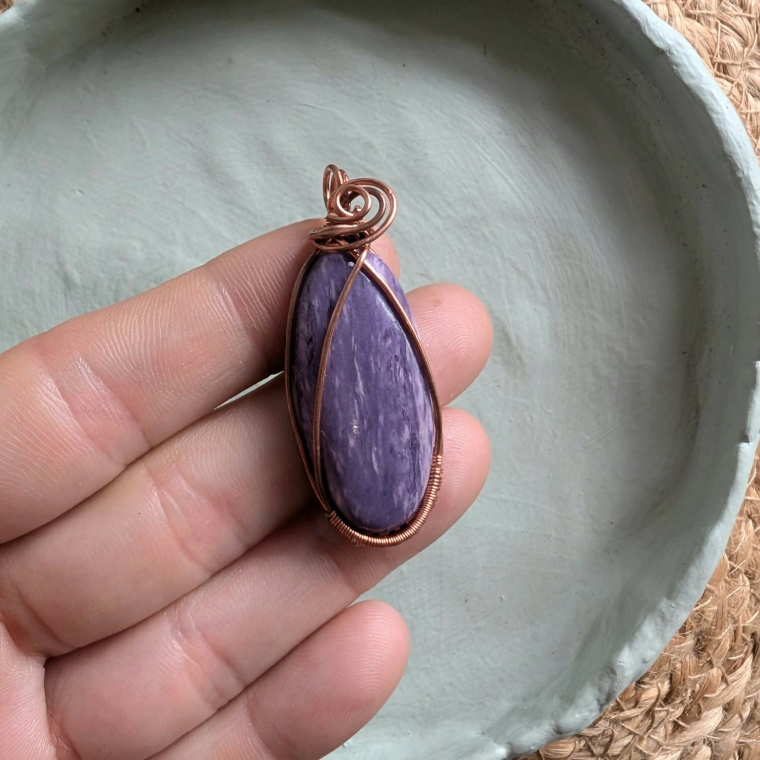 Hand Wrapped Charoite & Copper Pendant With Suede Cord
