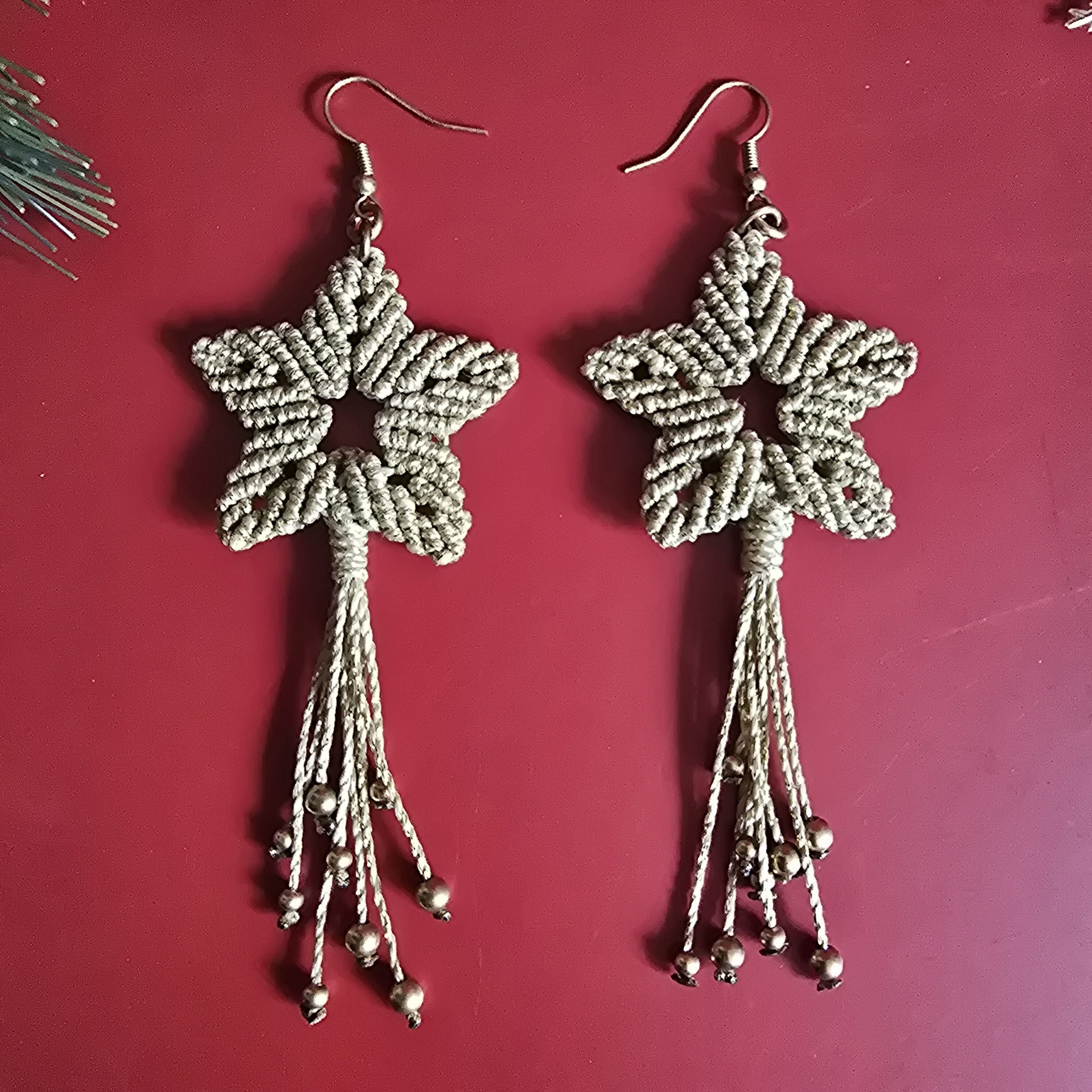 Christmas Shooting Star Earrings; Macrame Gold Sparkly Knotted Cord Festive Handmade Earrings