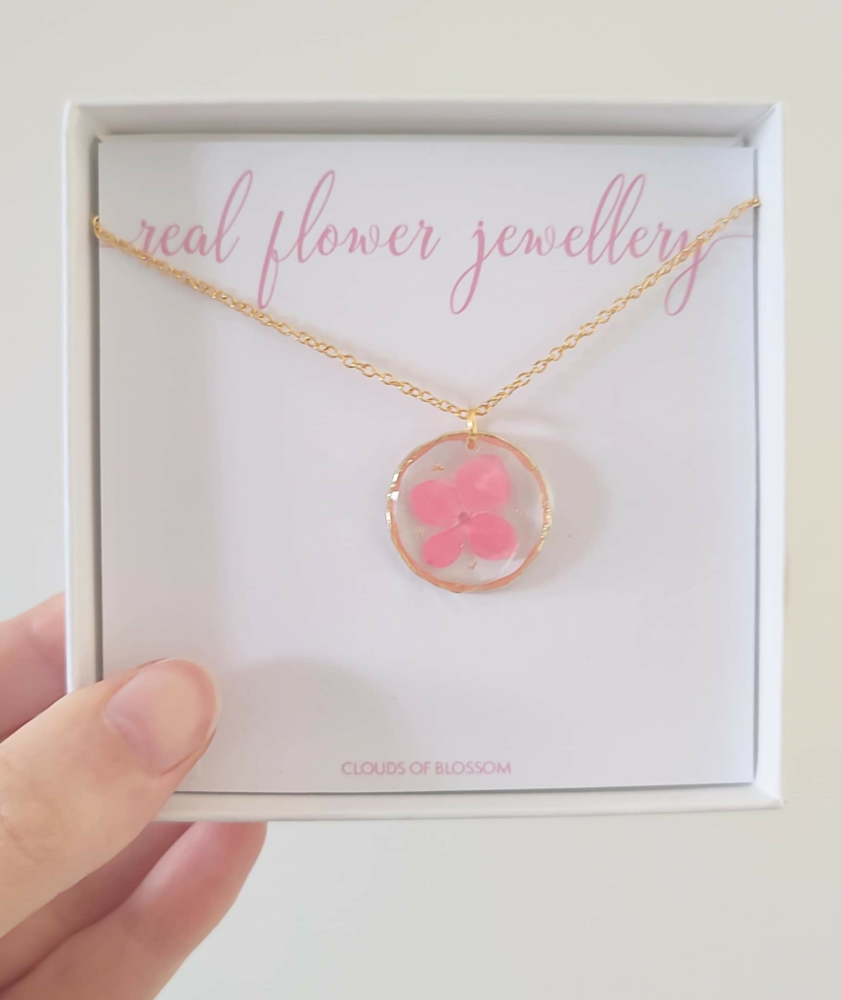 Real Flower Pink Hydrangea Necklace Gold Plated