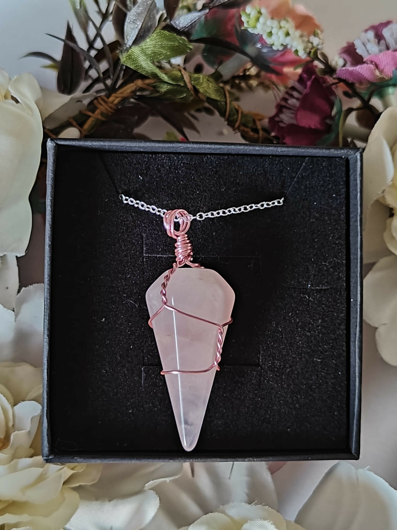 Rose Quartz Wire Wrapped Crystal Prism Necklace on Sterling Silver Chain