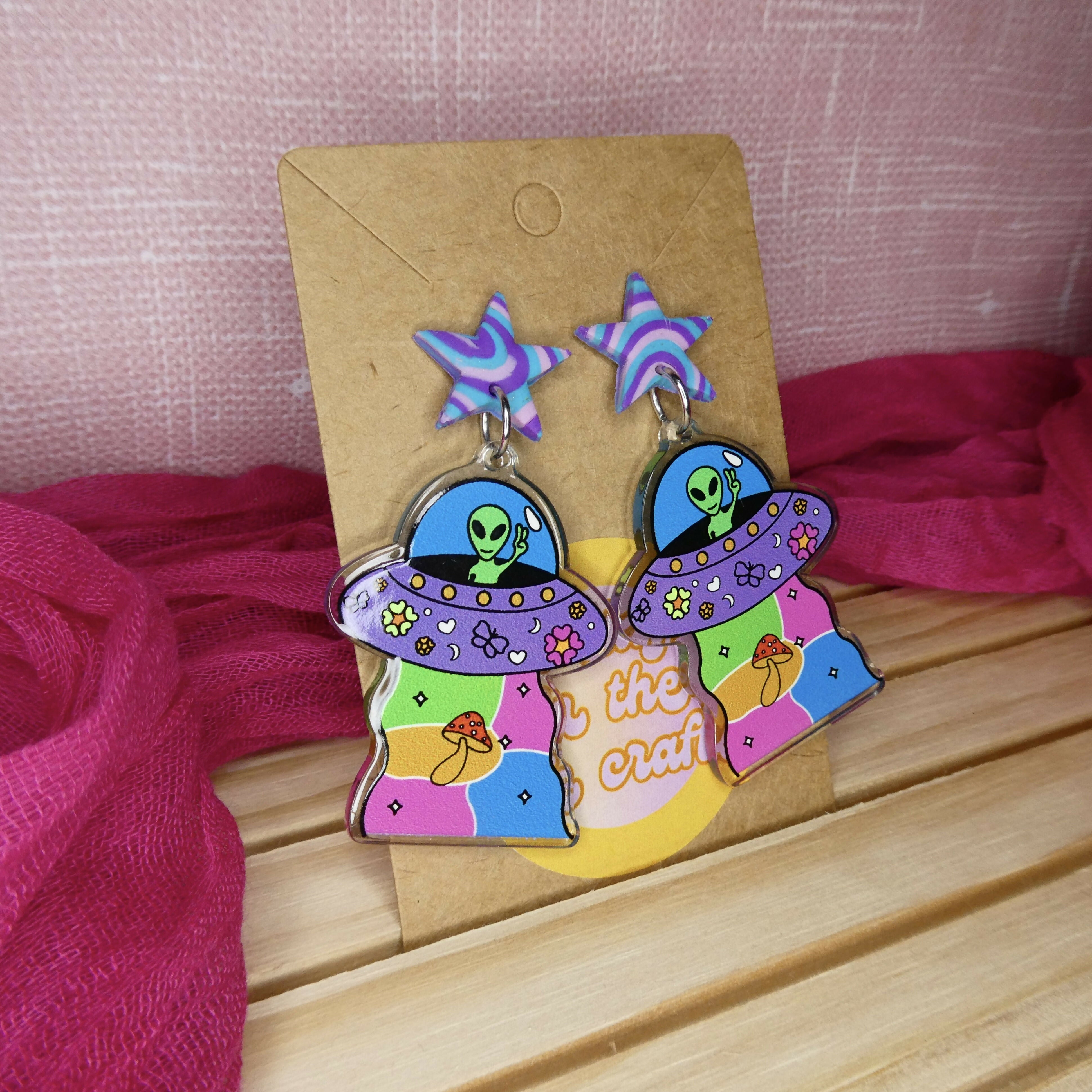 Funky Star Polymer Clay Earrings With Alien Charm