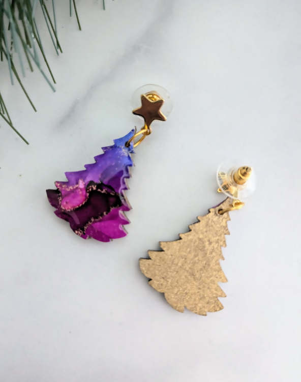 Galaxy Christmas Tree Gold Earrings, Alcohol Ink Art