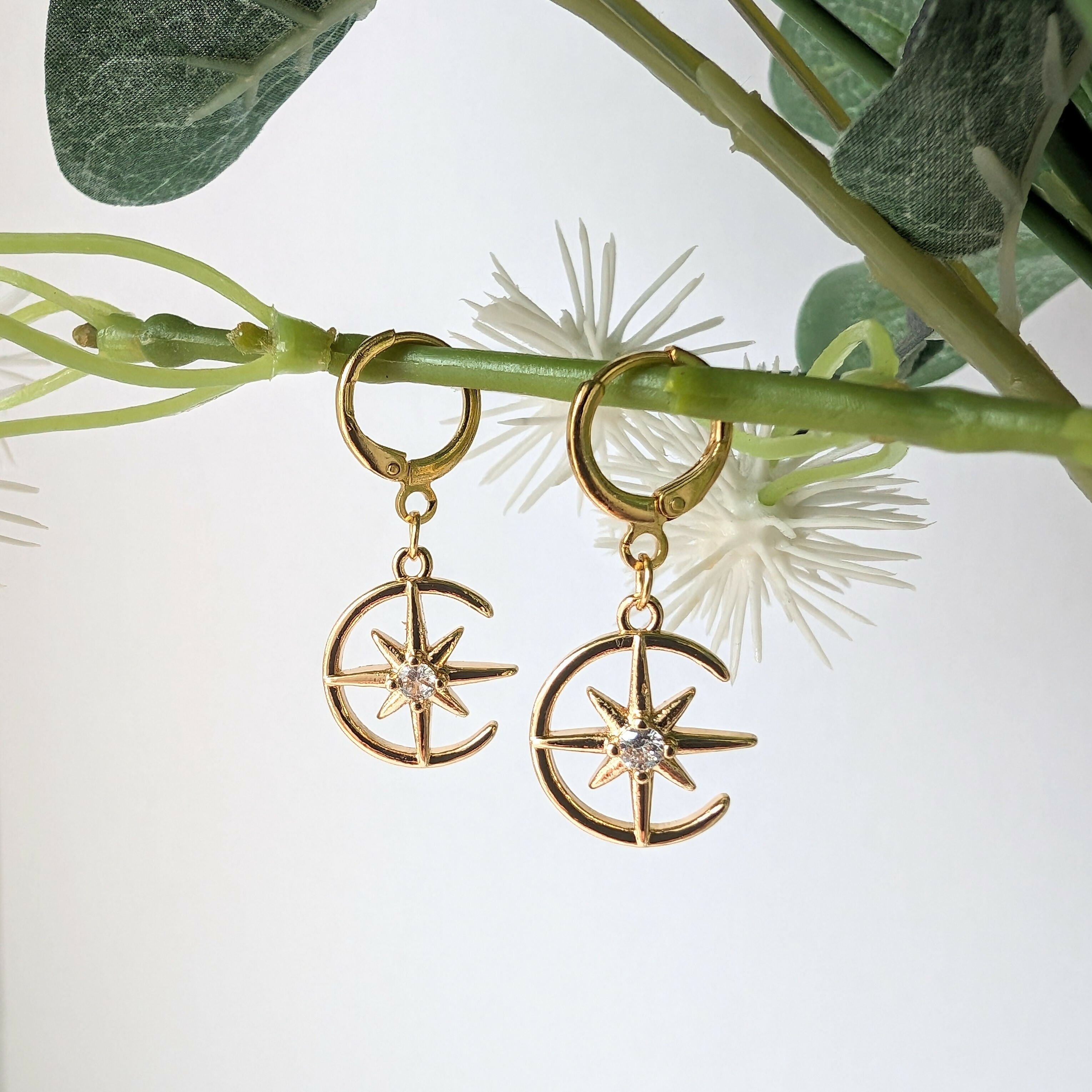 Moon and Star Earring with Cubic Zirconia Centre on Gold Plated Huggie