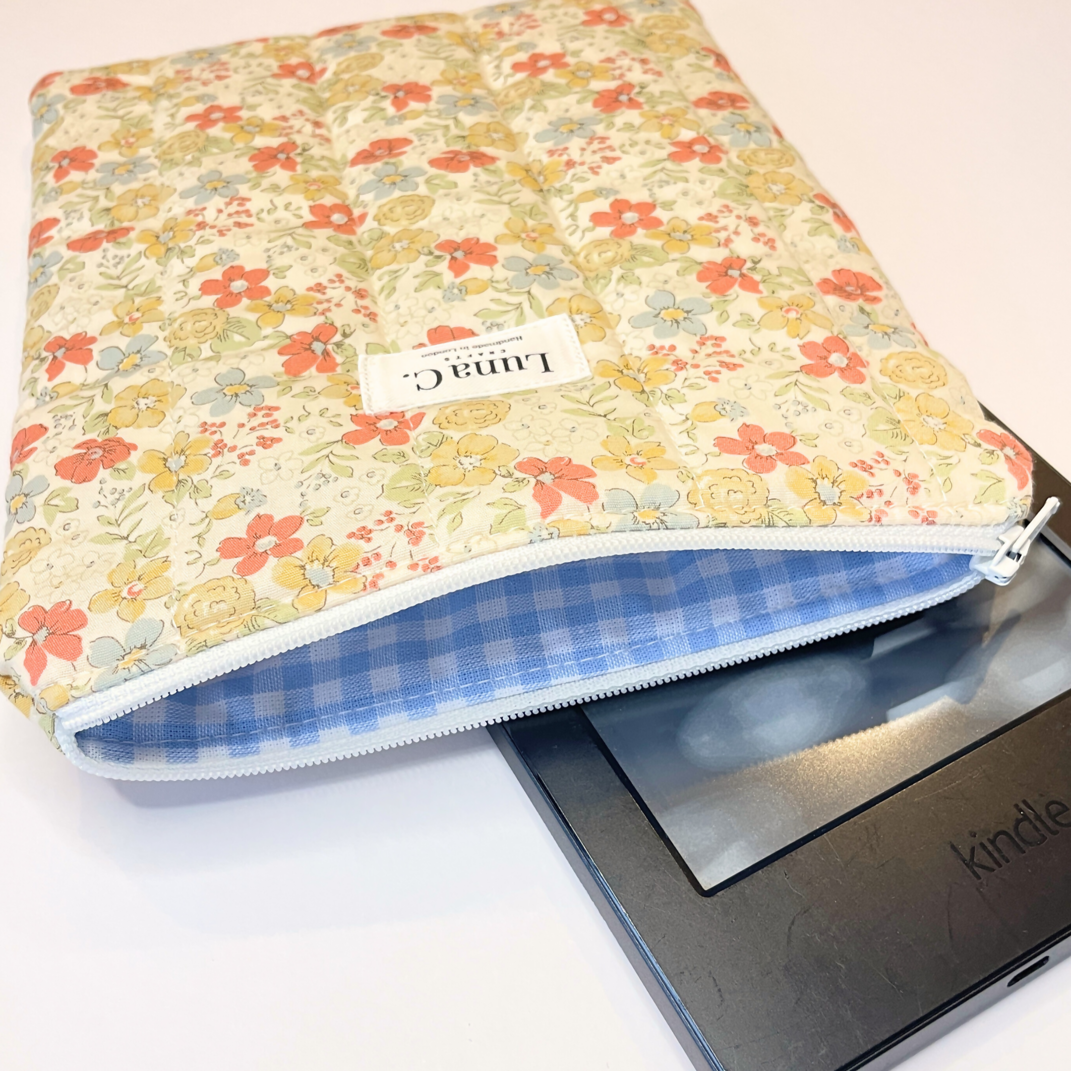 Creamy Yellow Orange Floral Blue Gingham Lining Book or Kindle Sleeve