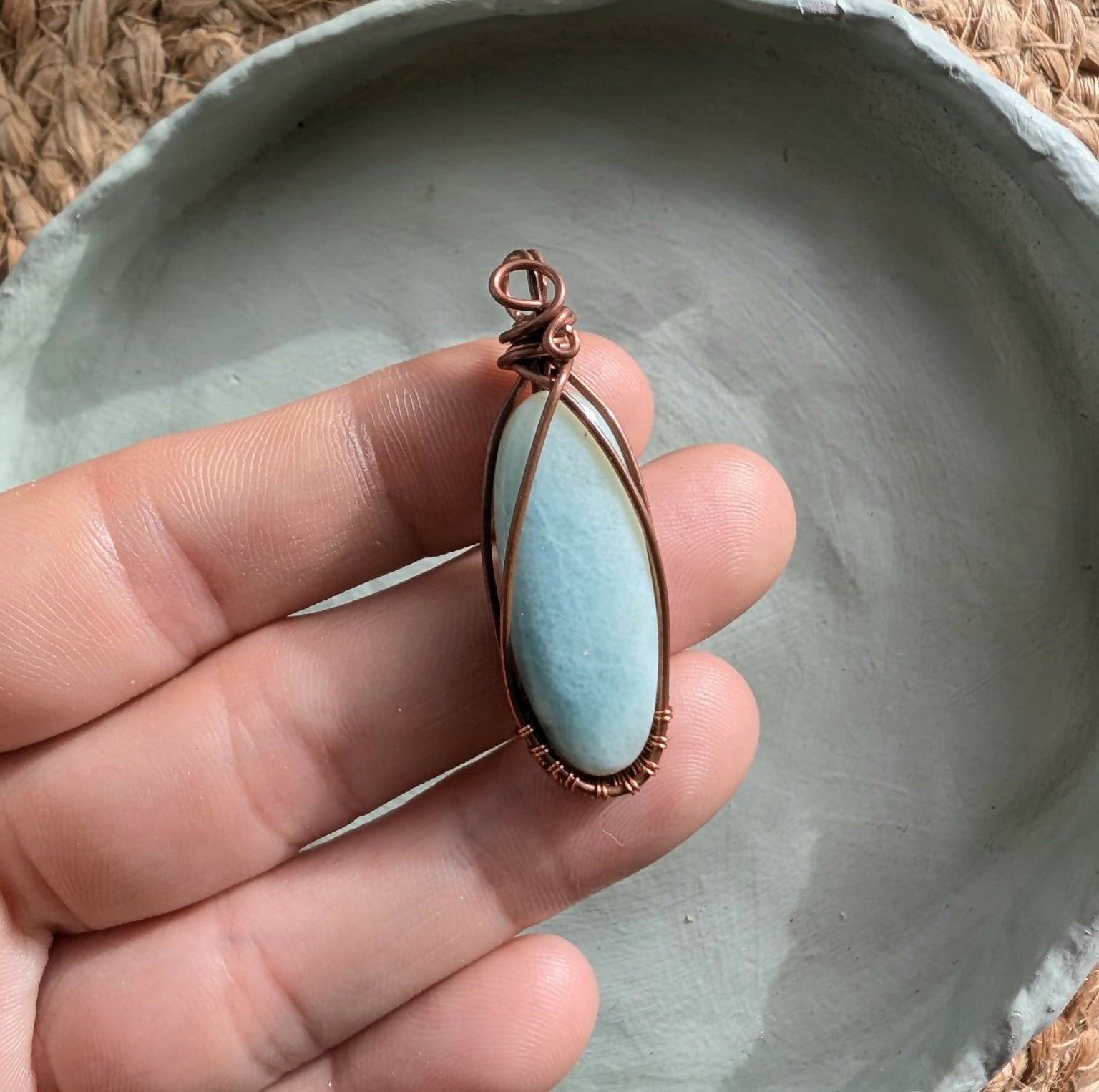 Hand Wrapped Larimar & Copper Pendant & Cord