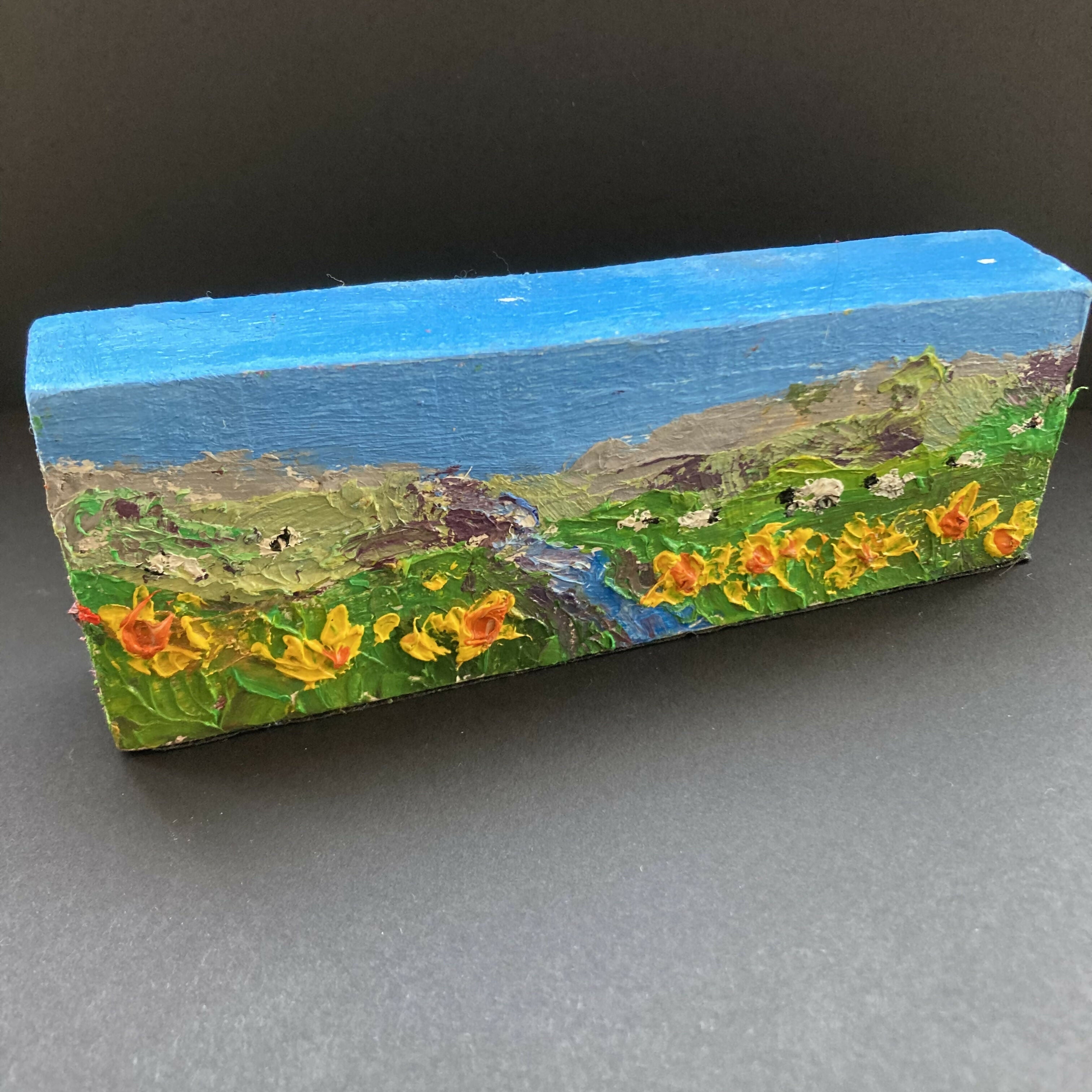 Dales Sheep In daffodils & Poppies Oil Painting wooden block