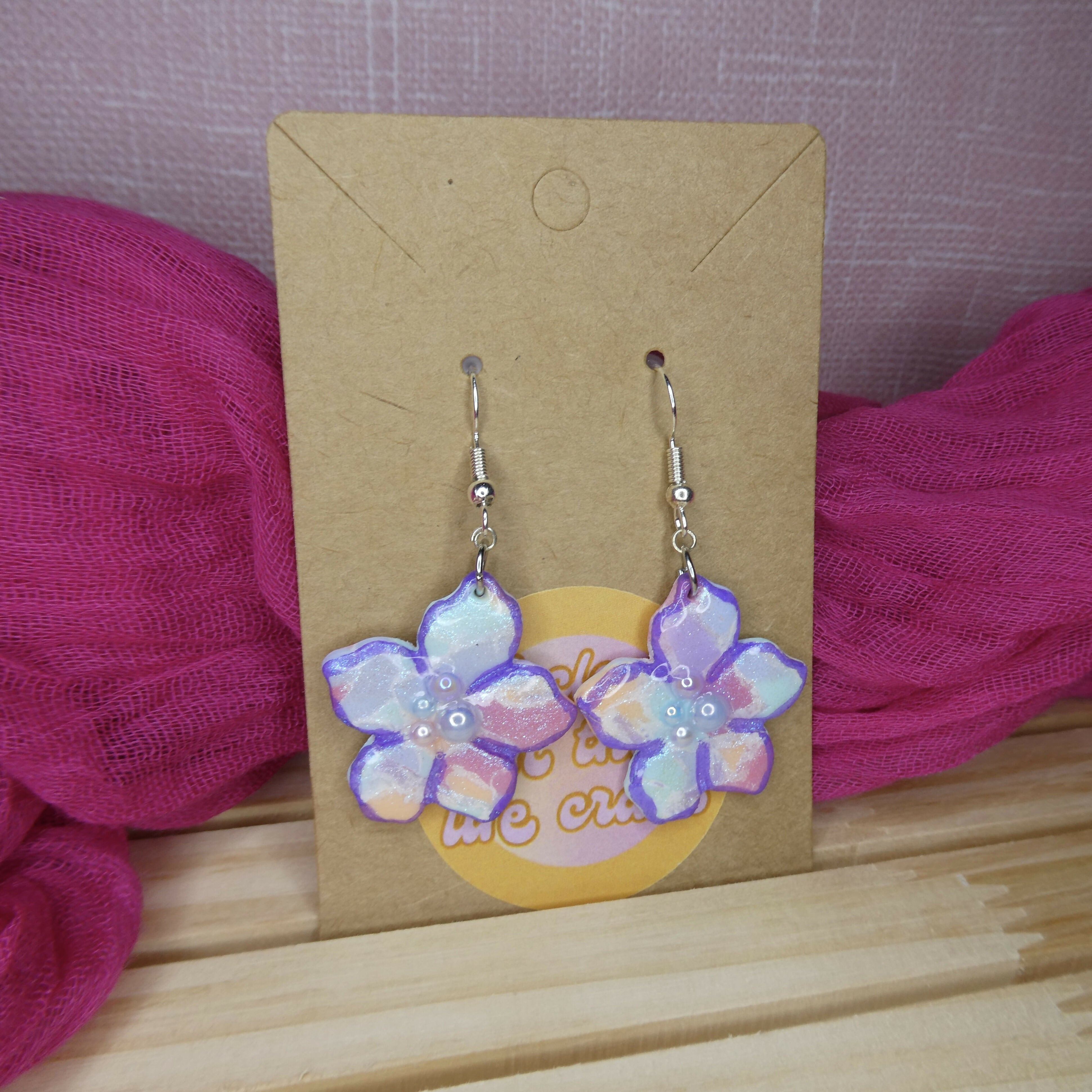 Pastel Mosaic Iridescent Purple Outlined Floral Polymer Clay Earrings