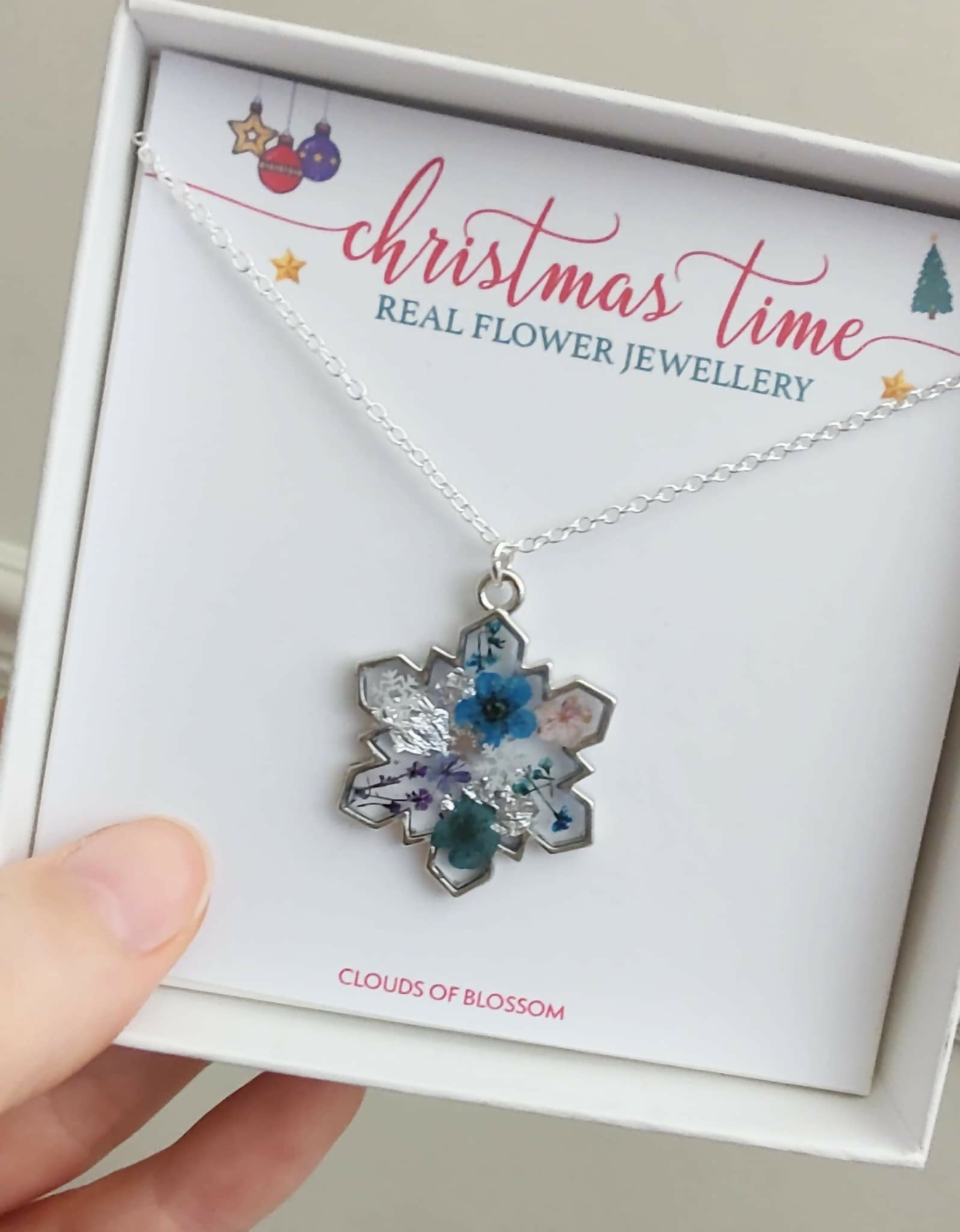 Snowflake Christmas Real Flower Necklace Silver Plated