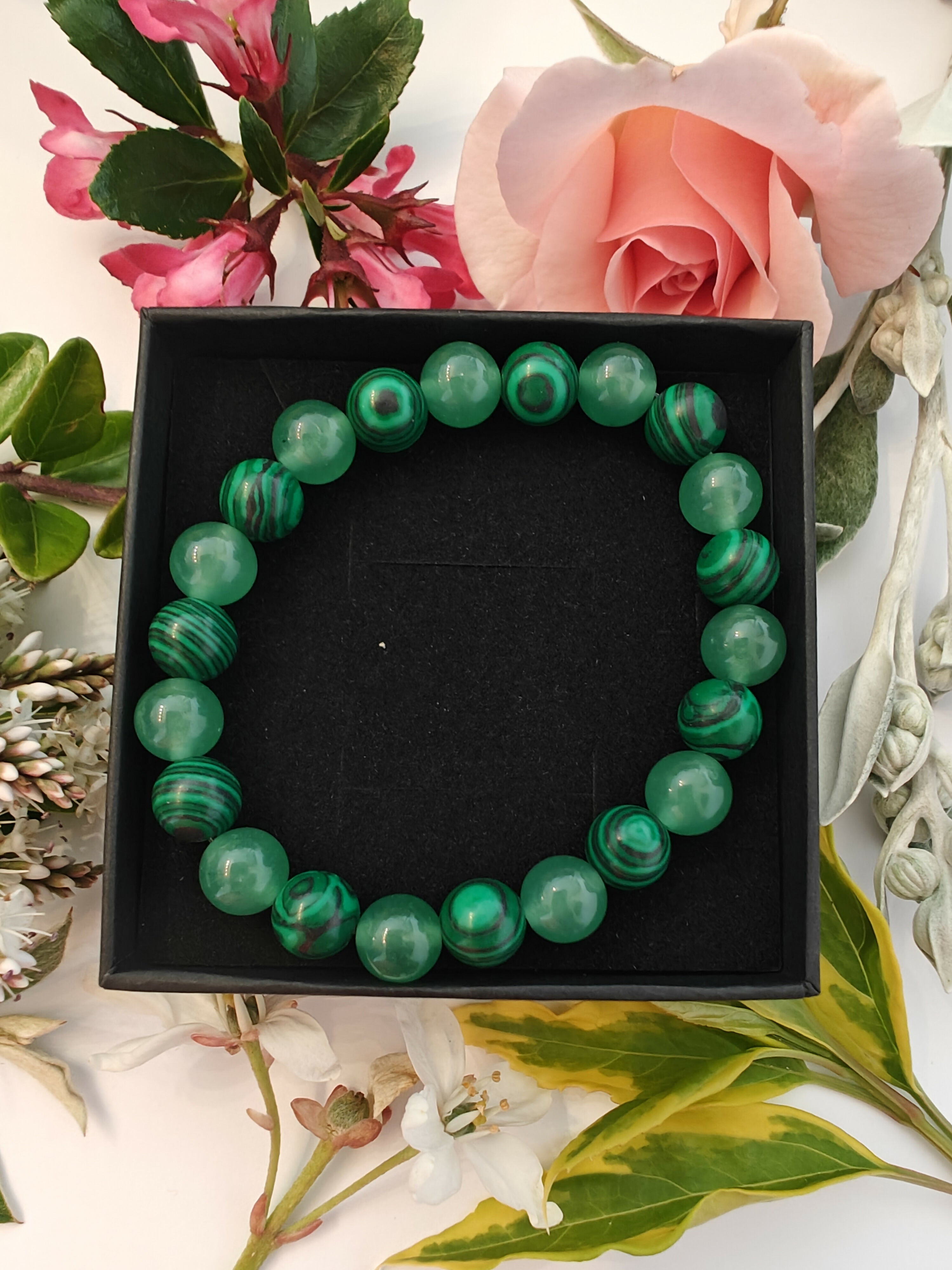 Malachite and Green Aventurine Crystal Bead Bracelet (8mm beads)