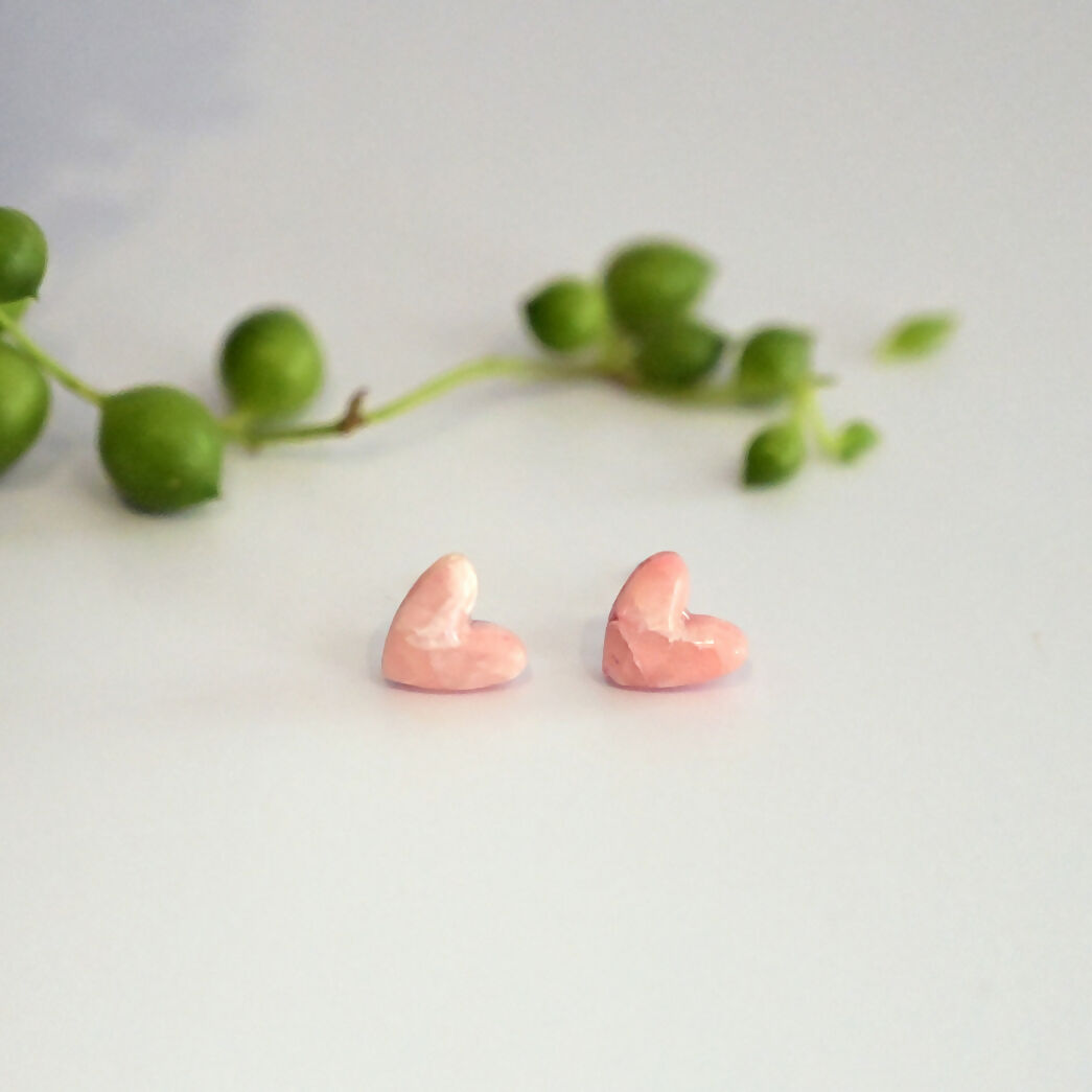 Pink Marble Heart Stud Earrings - Handmade Polymer Clay - Polly Plant