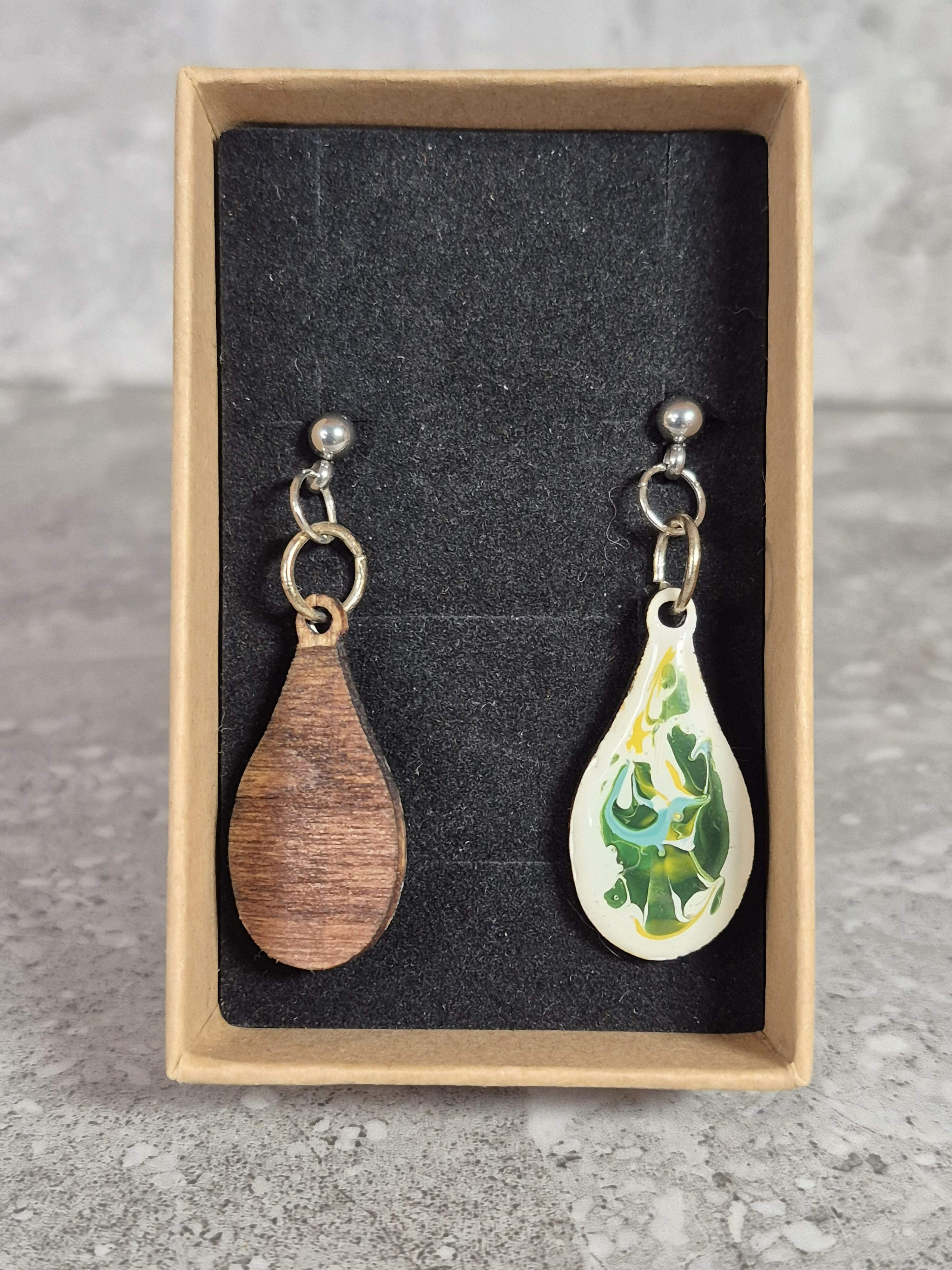 Handcrafted Teardrop Shaped White, Green, Teal And Yellow Earrings