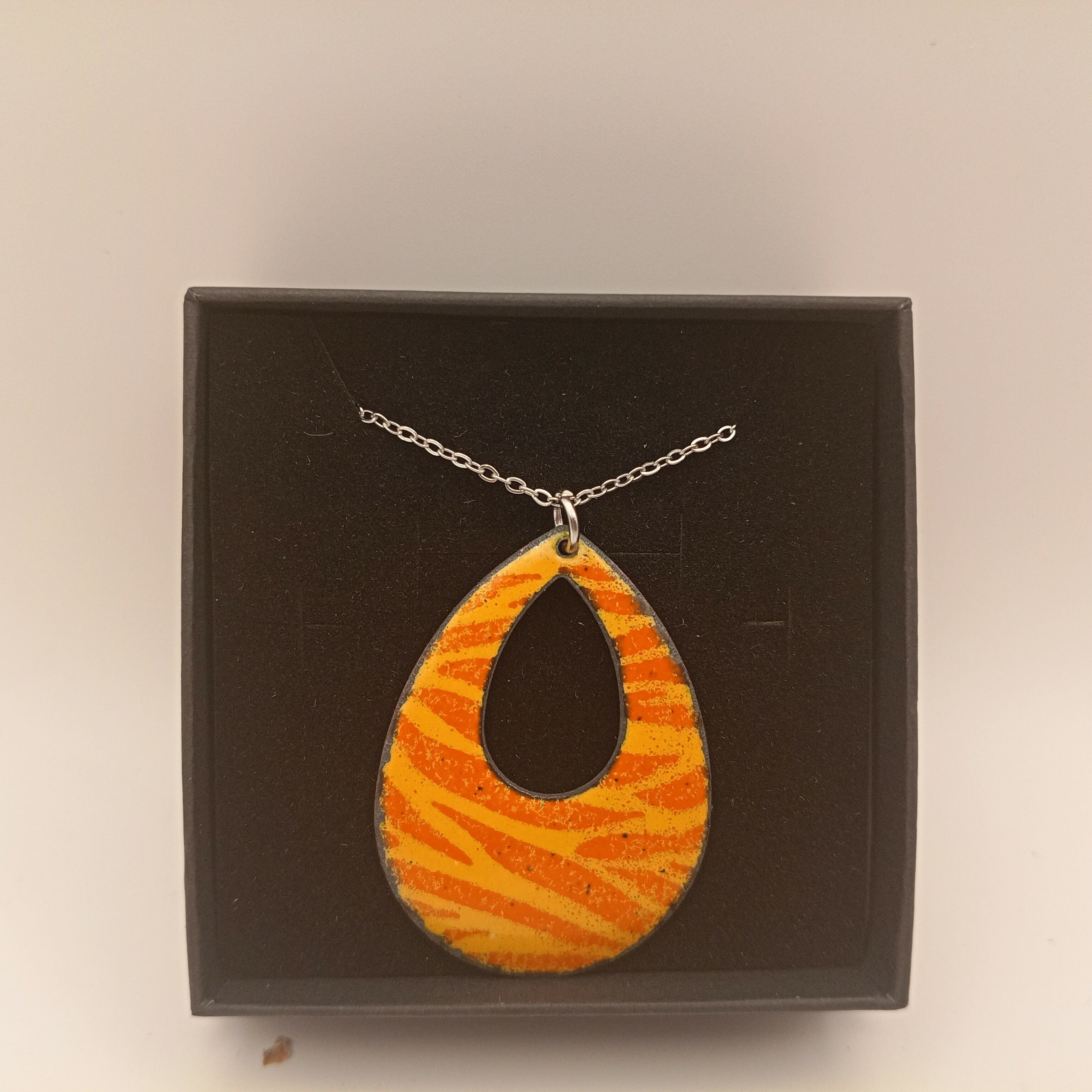 Sunflower Yellow Enamel Pendant With Tangerine Orange Print