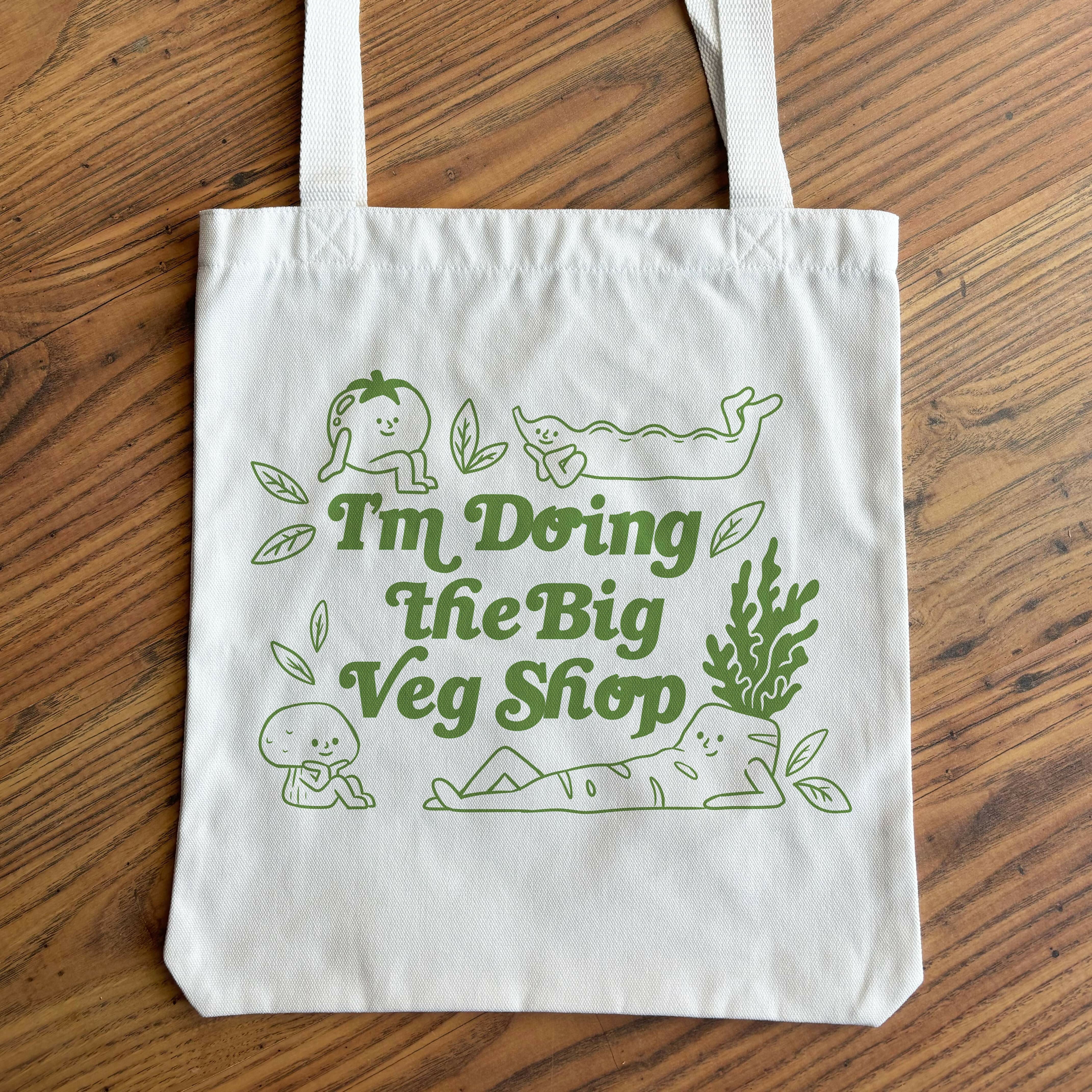"I'm doing the big veg shop." Hand printed, illustrated, white canvas tote bag