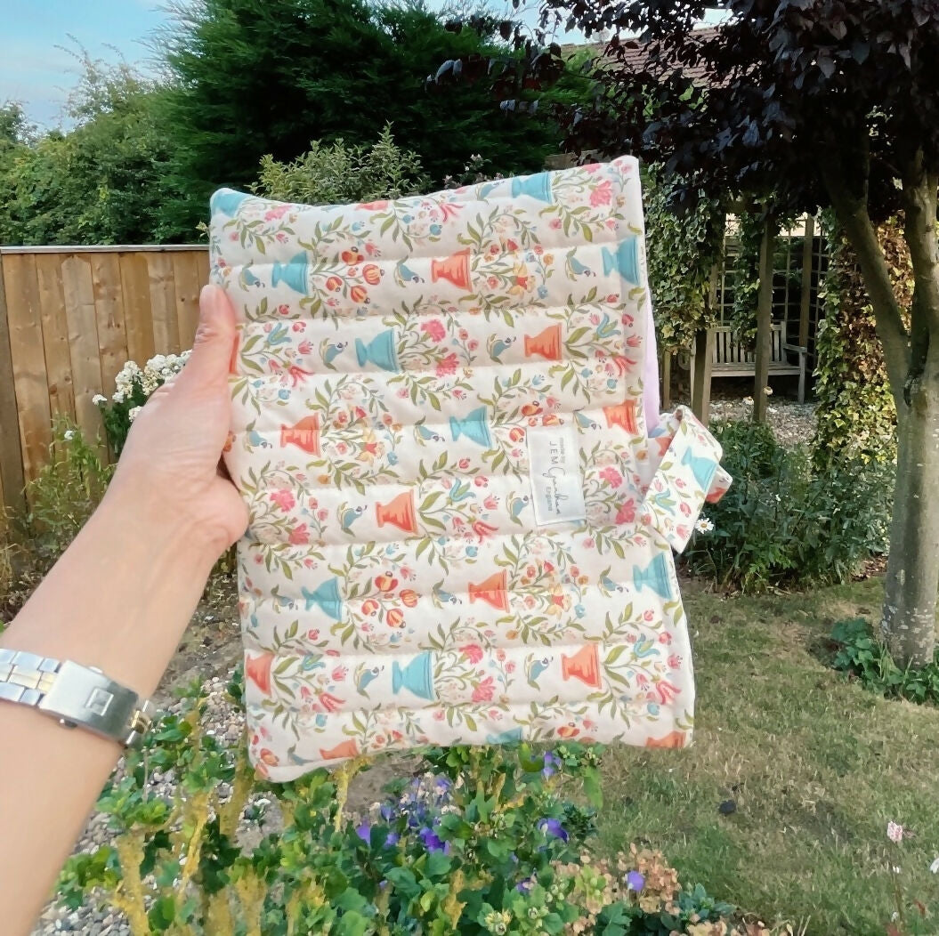 Handmade Quilted Book Sleeve Cream Flower Pot Print
