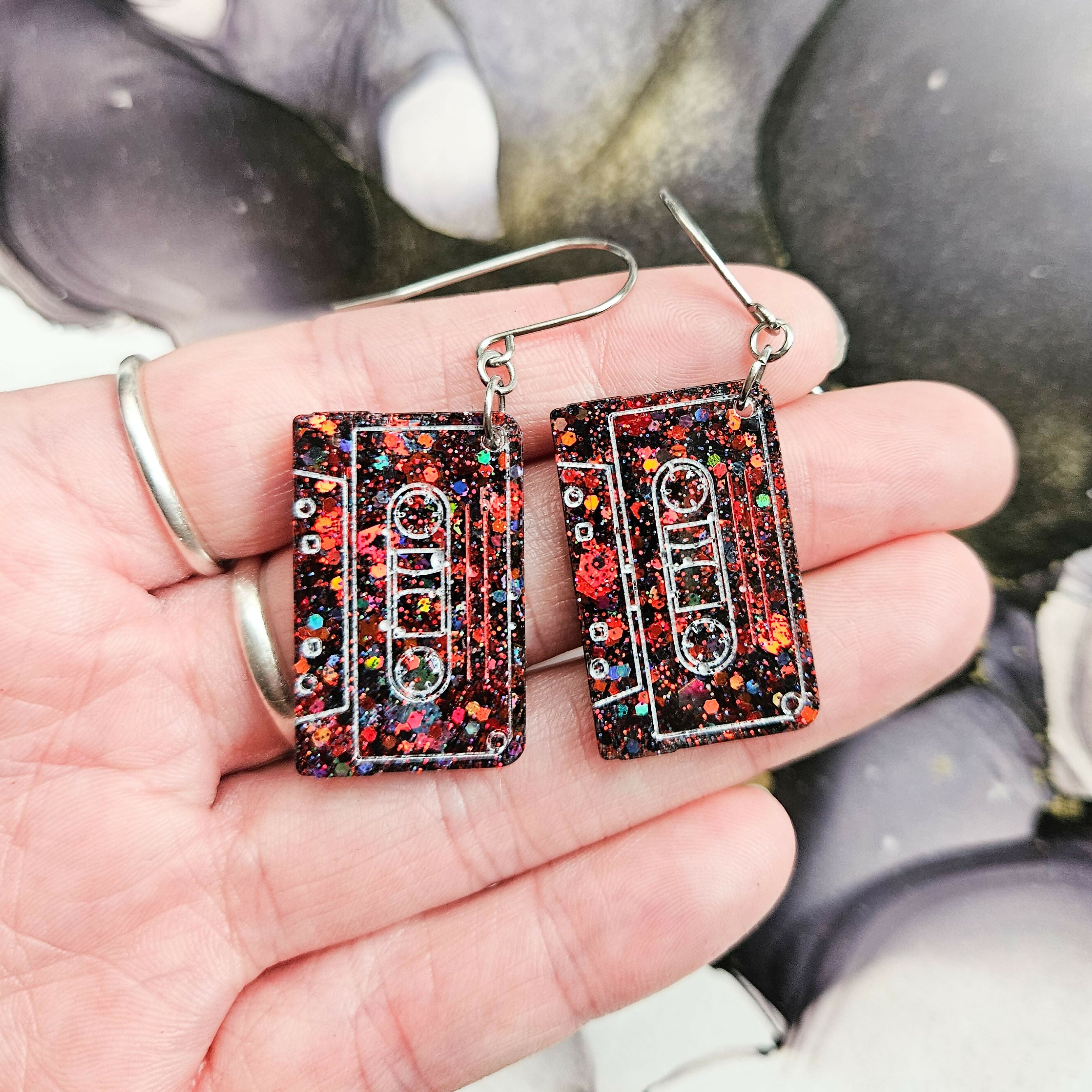 Handmade Black And Red Glitter Resin Cassettes Earrings