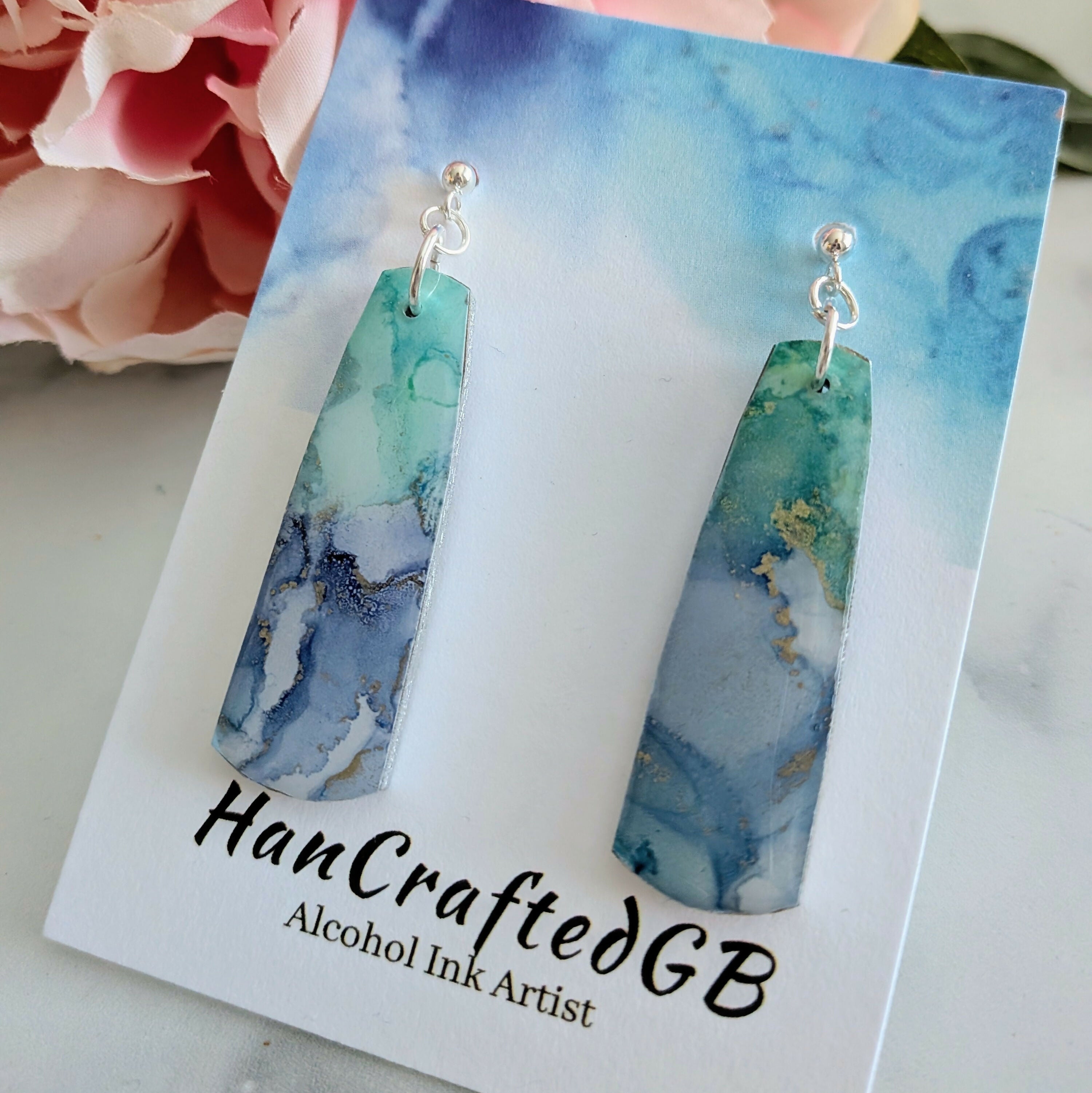 Navy Mint Stud Dangle Silver Earrings, Alcohol Ink Art
