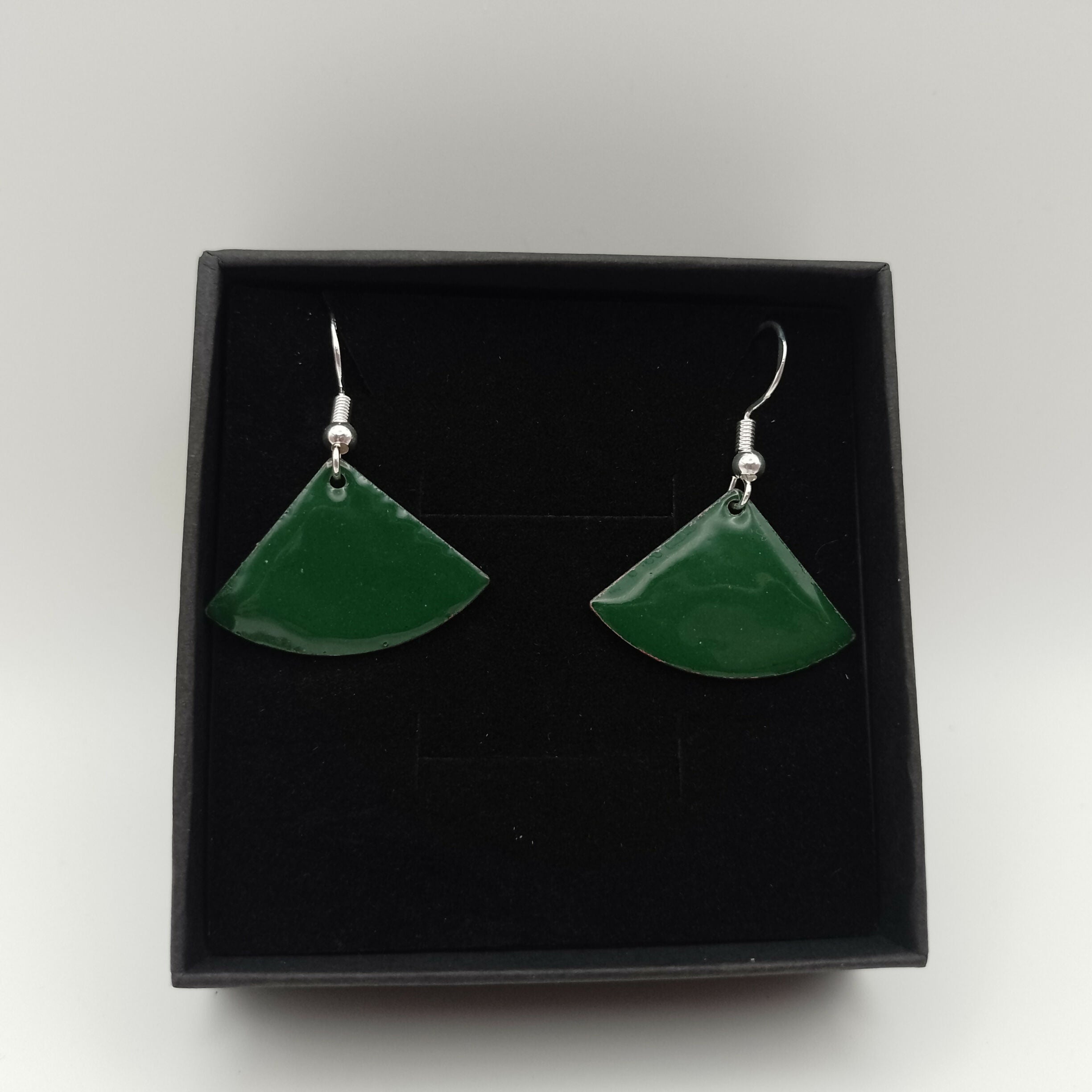 Fir Green Small Fan Triangle Enamel Earrings