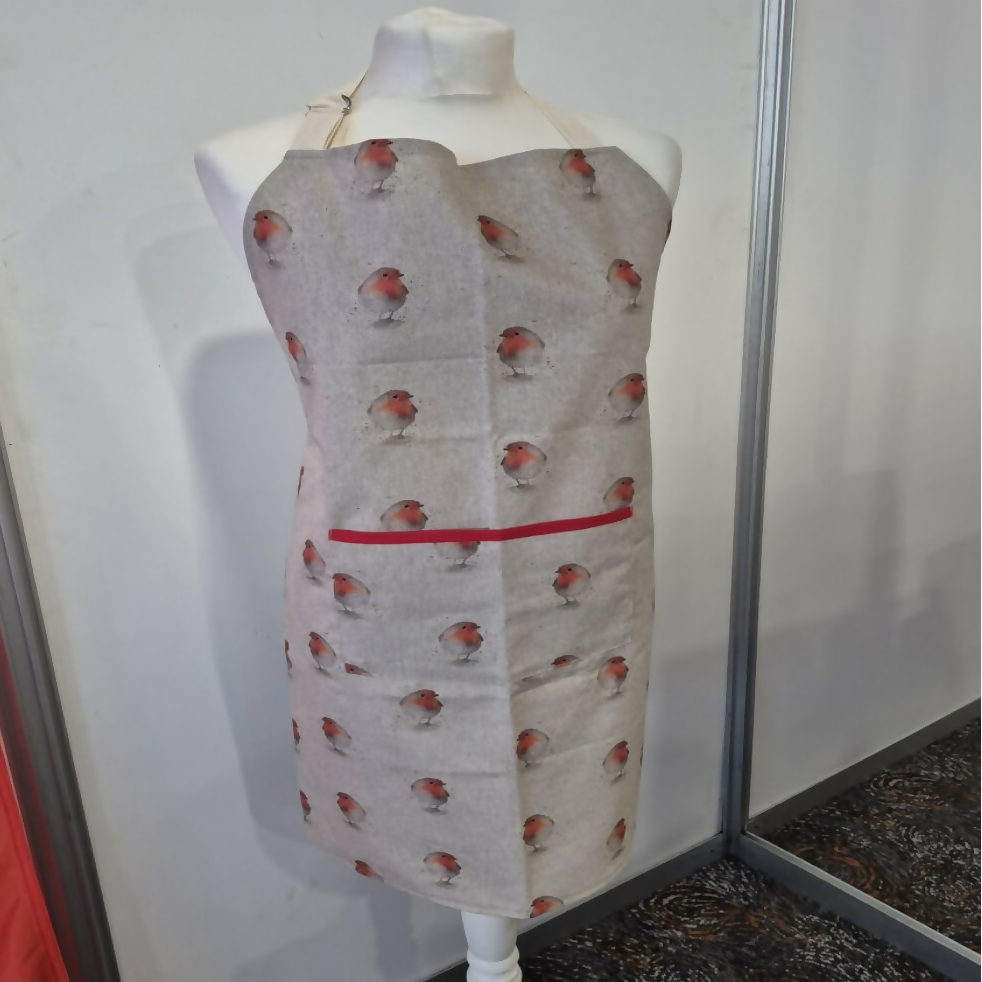 Christmas Classic Robin Print Adult Apron Handmade in the UK in Cotton Rich Linen